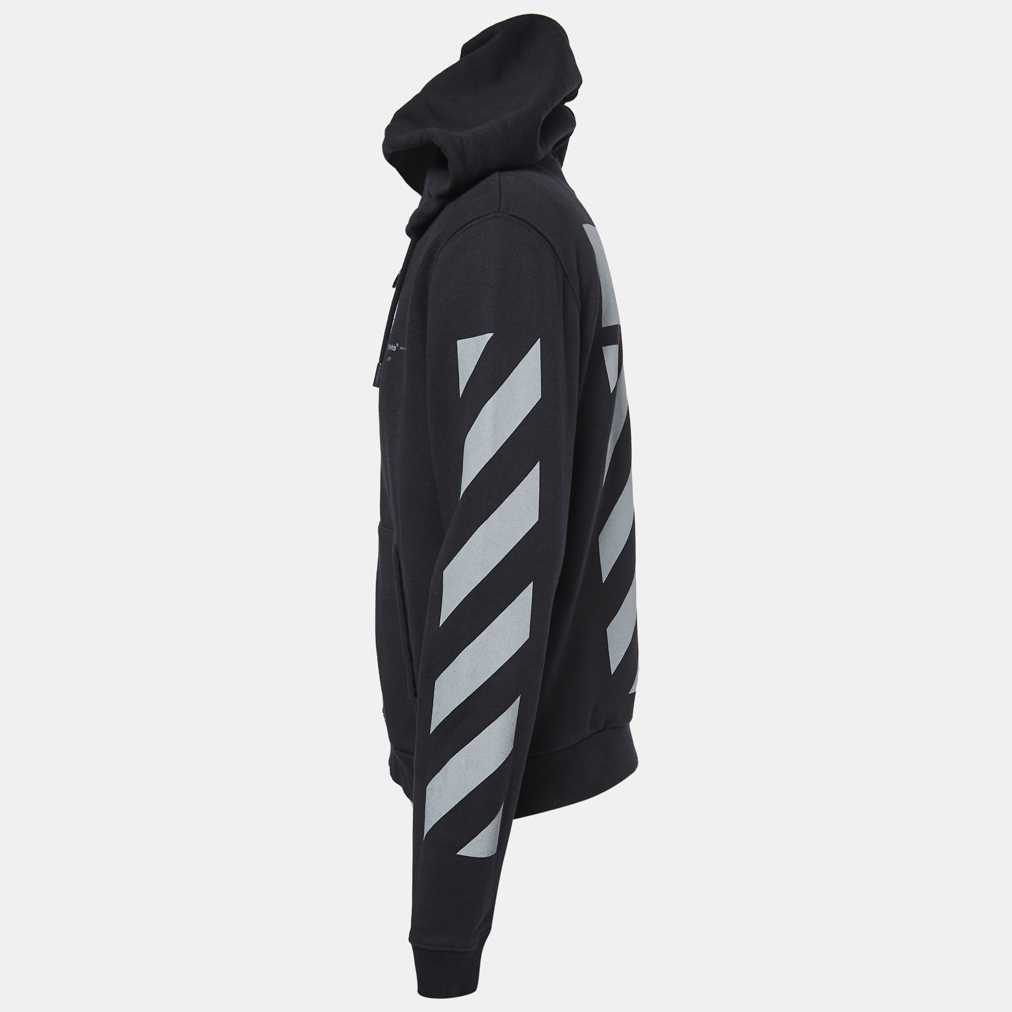 

Off-White Black Printed Cotton Zip Front Hooded Jacket