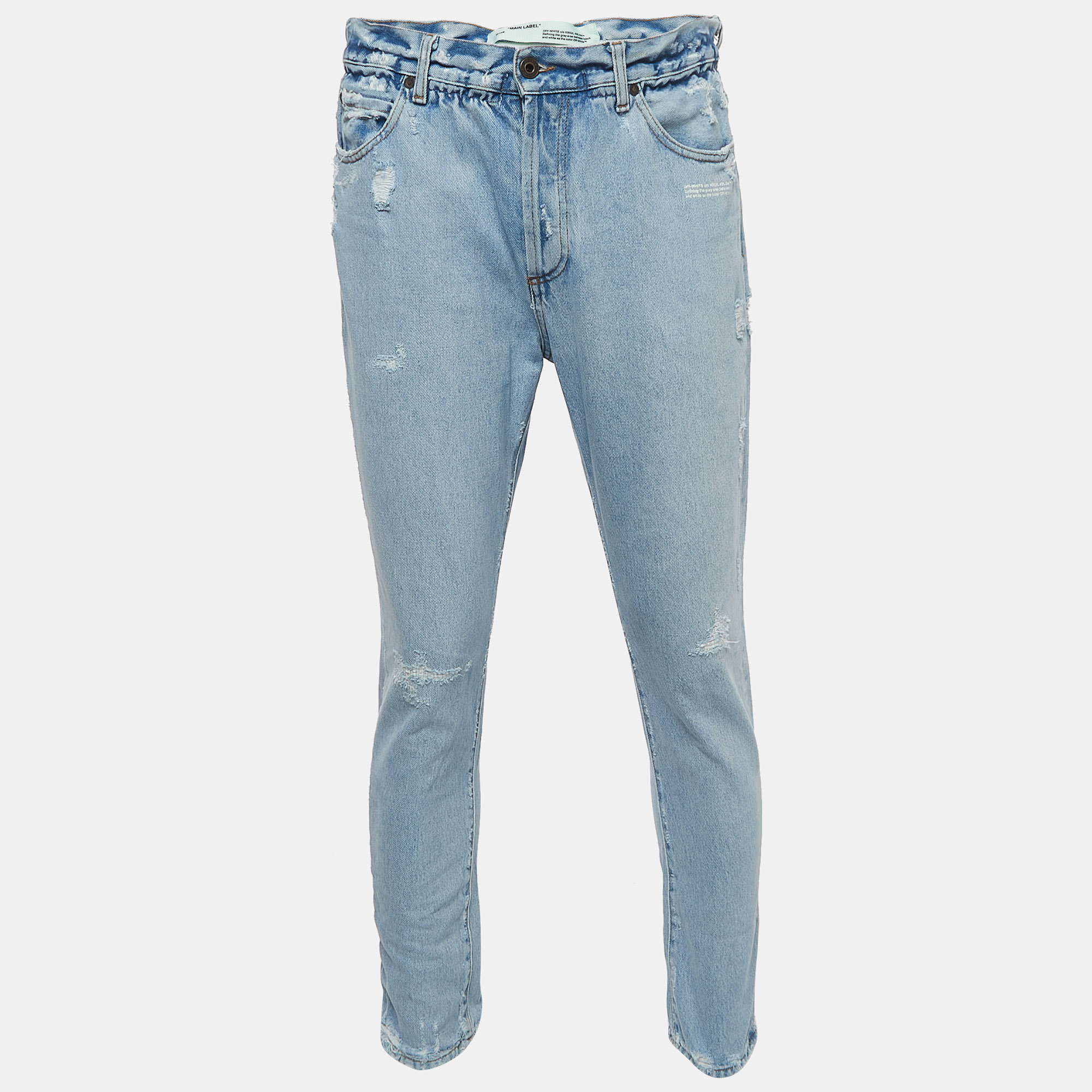 

Off-White Light Blue Distressed Denim Buttoned Paperbag Waist Jeans M Waist 30"