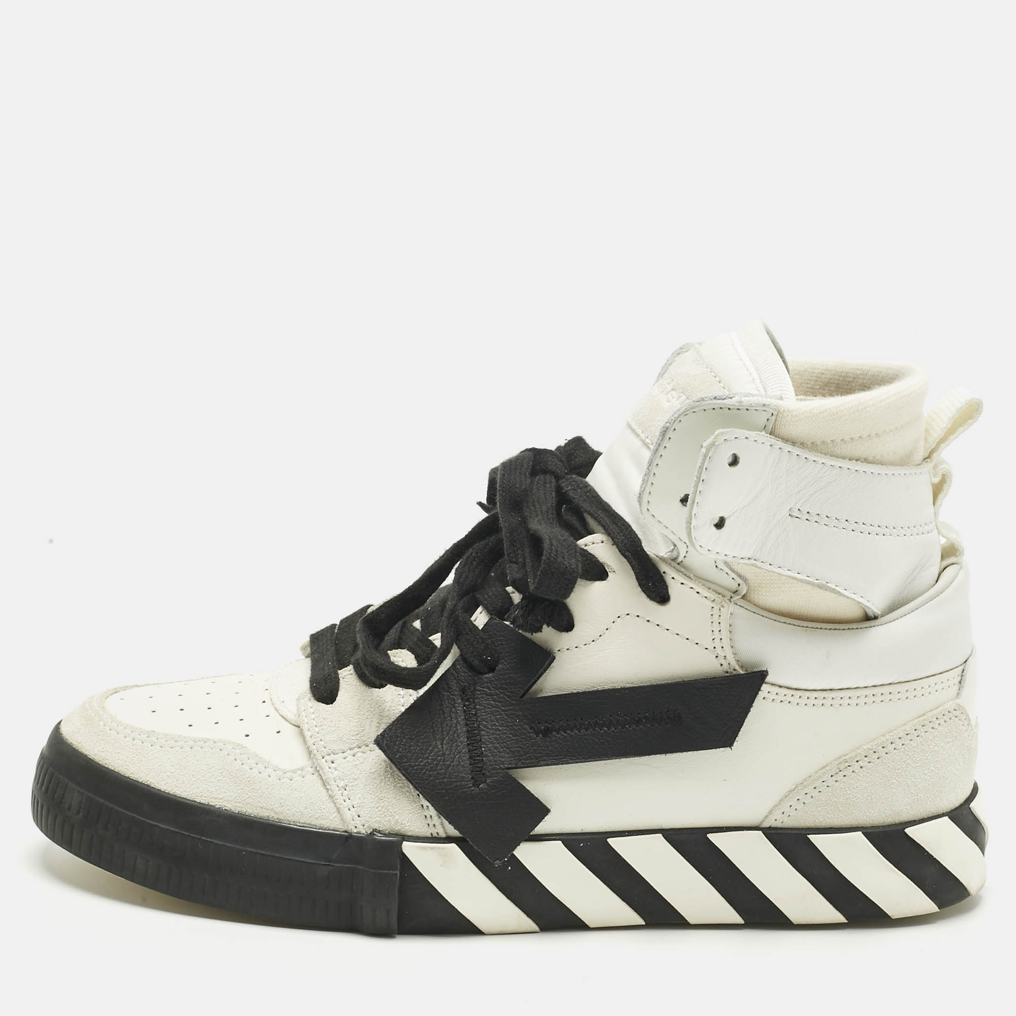 

Off-White White/Black Canvas and Suede Vulcanized High Top Sneakers Size
