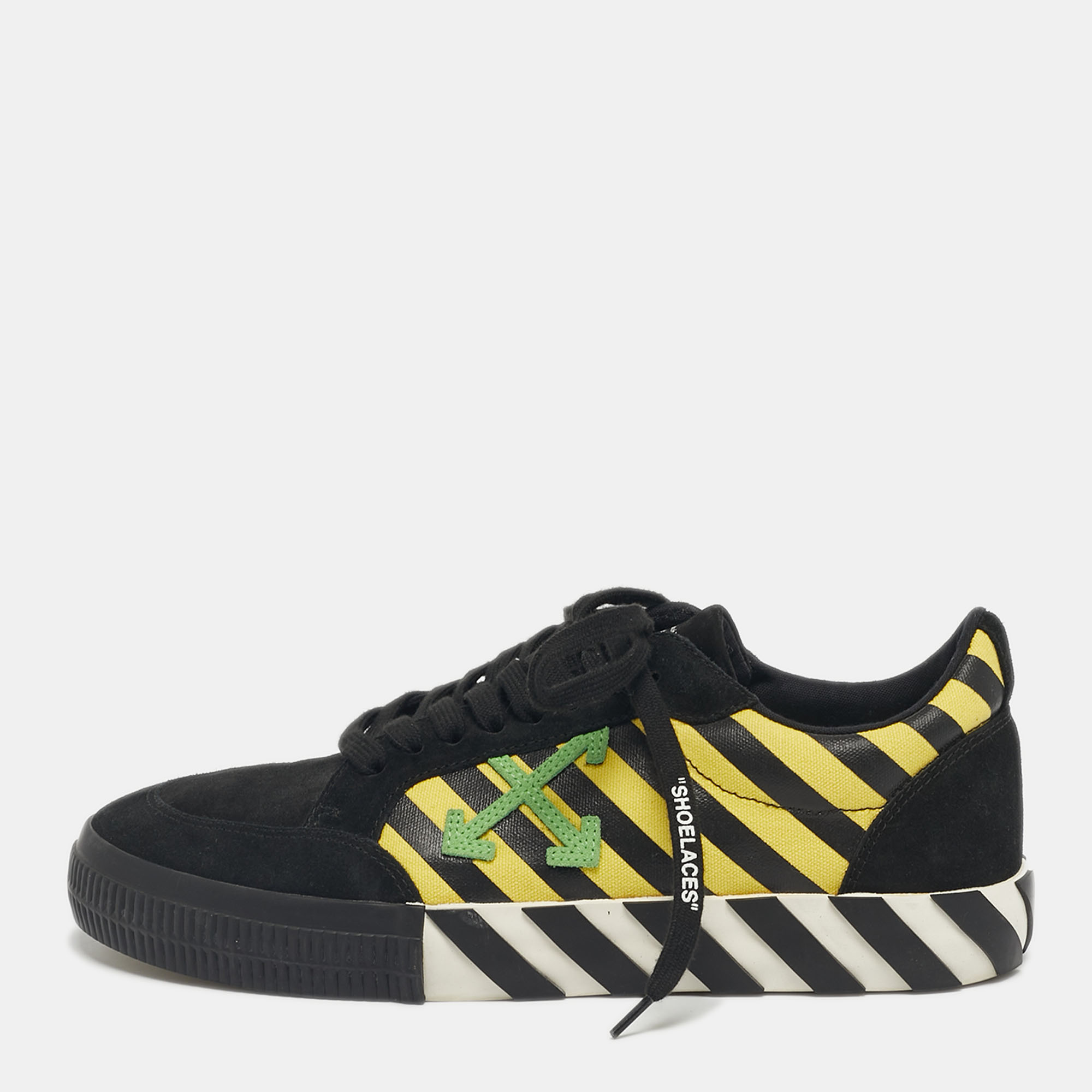 

Off-White Black/Yellow Suede and Canvas Vulcanized Stripe Low Top Sneakers Size