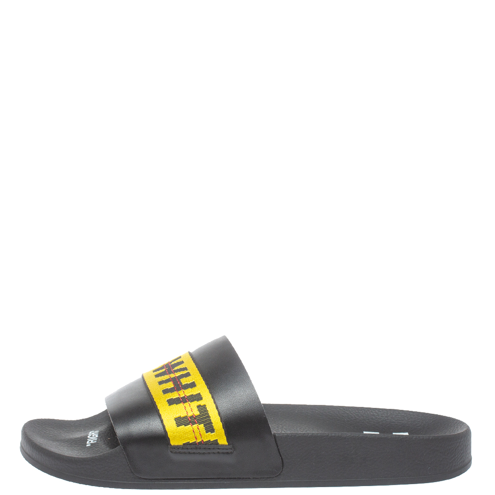 

Off White Black/Yellow Leather And Canvas Slide Sandals Size