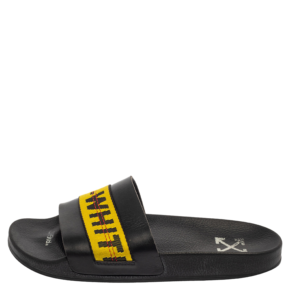 

Off-White Black Leather Logo Slide Sandals Size