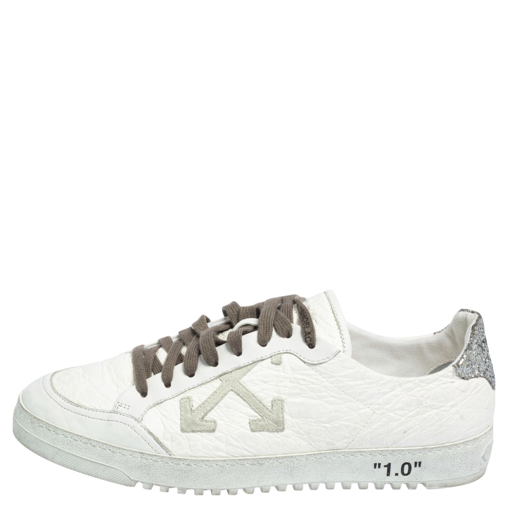 

Off-White White/Silver Leather and Glitter Lace Low Top Sneakers Size