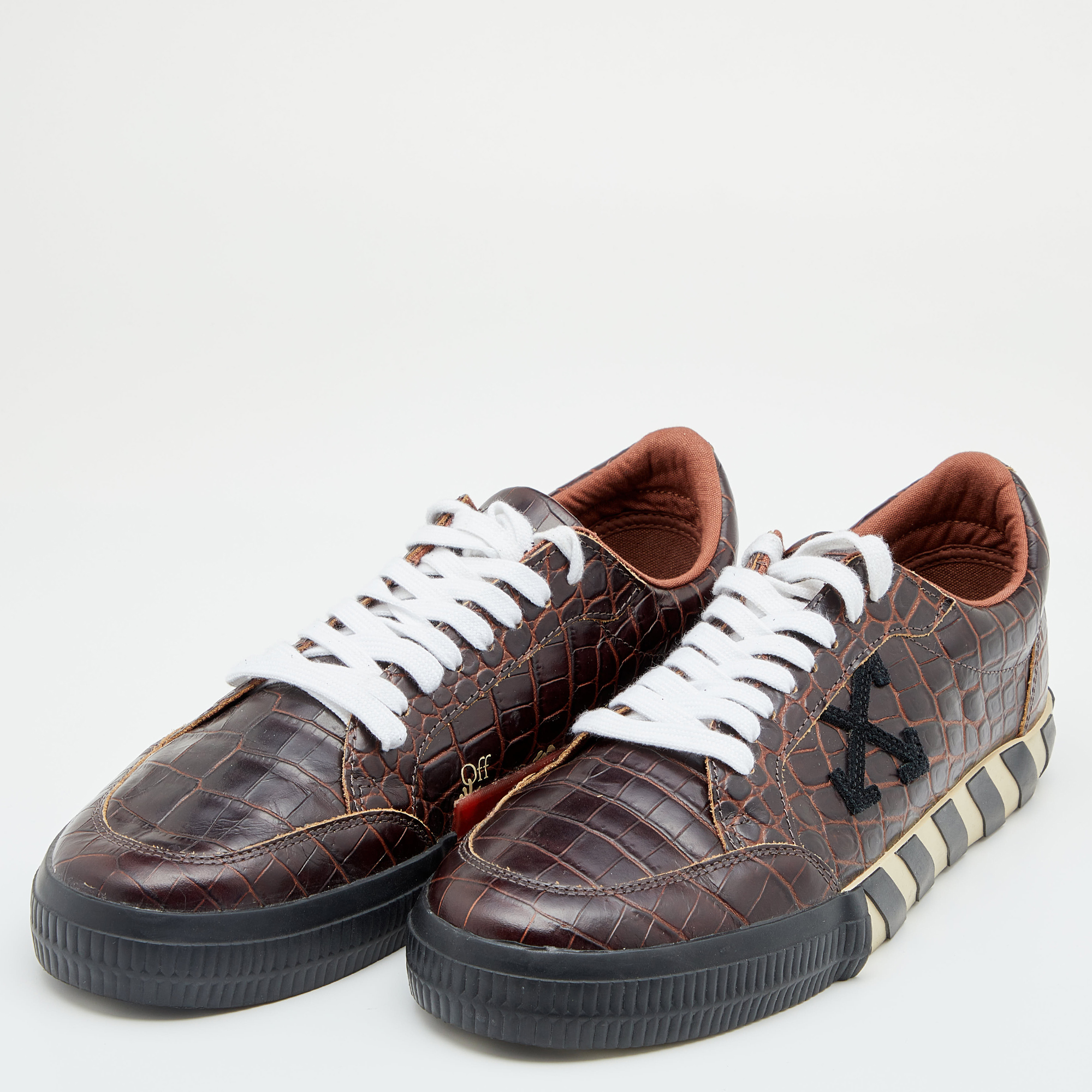 

Off-White Brown Croc Embossed Leather Vulcanized Low Top Sneakers Size