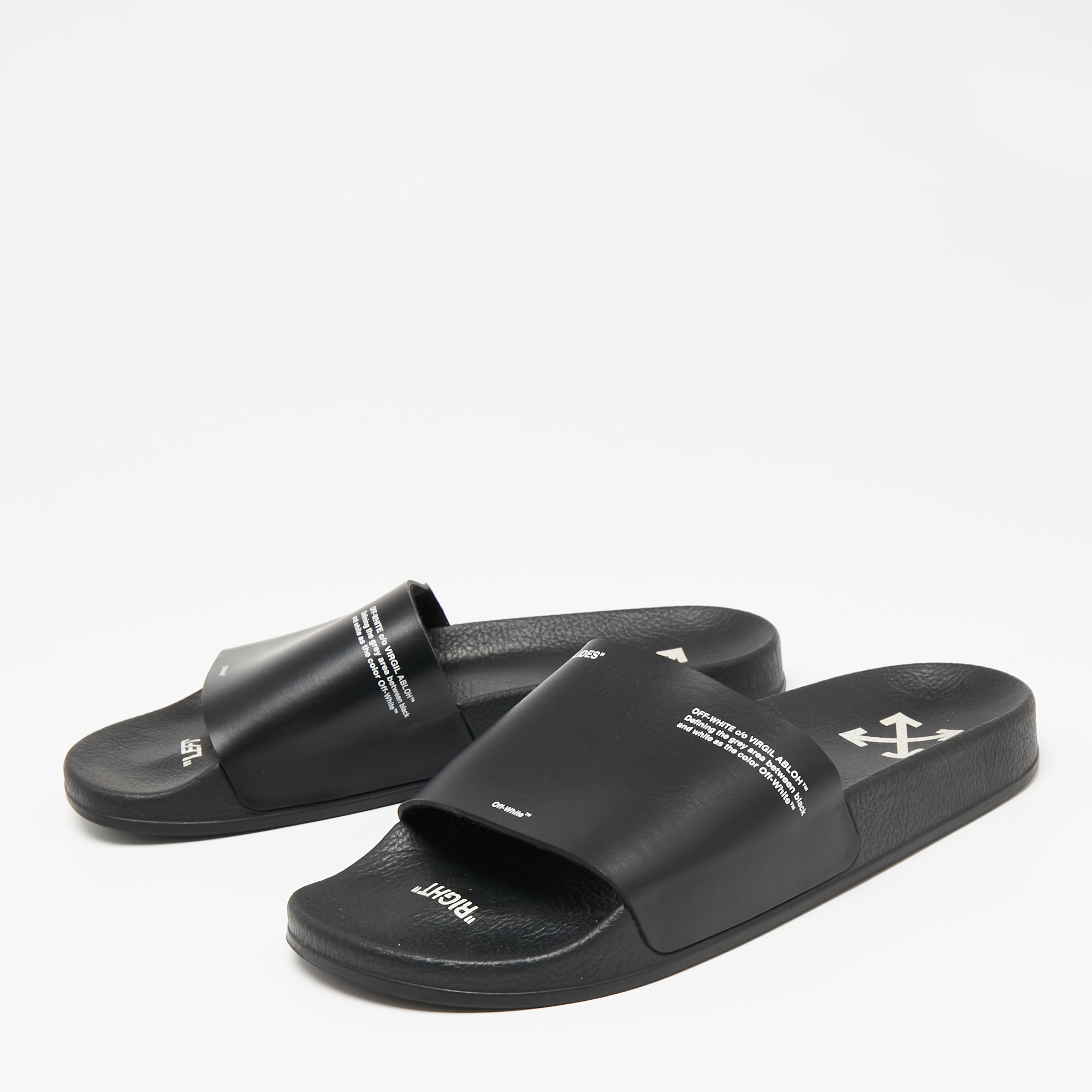 

Off-White Black Rubber Corporate Print Flat Slides Size