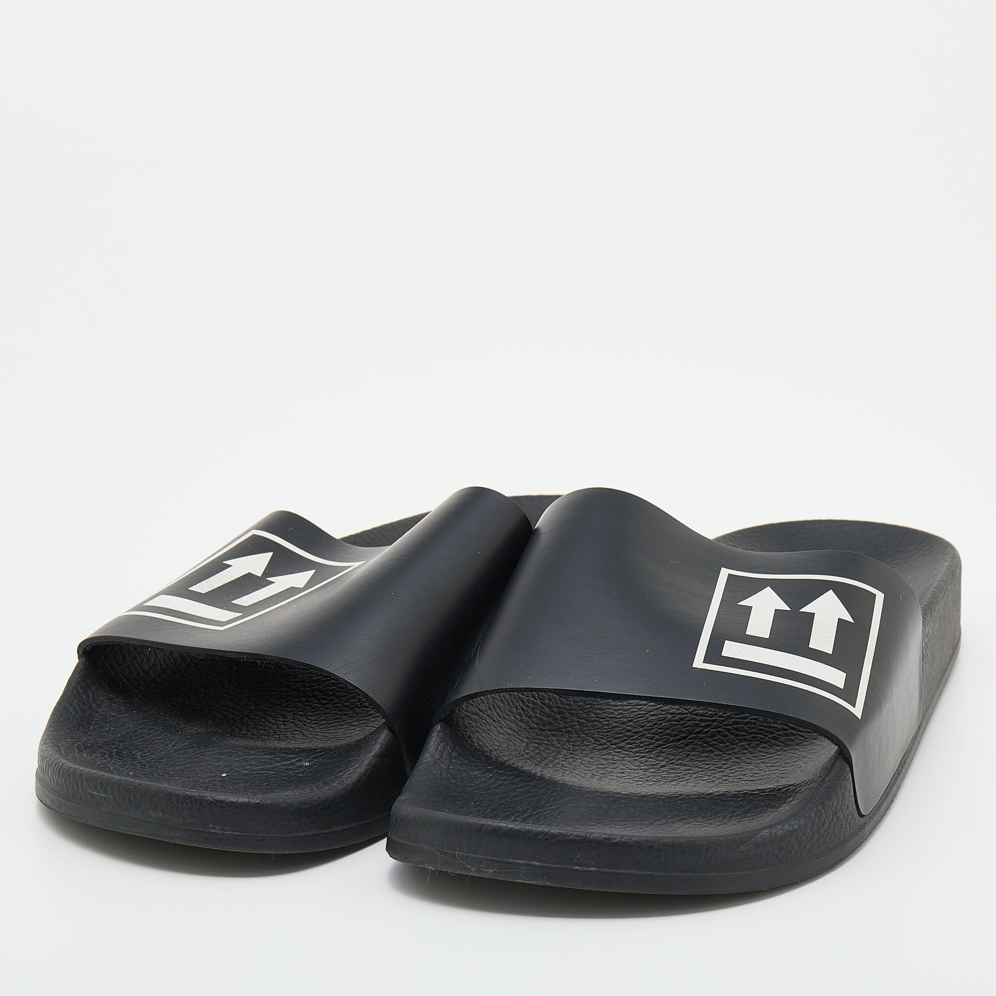 

Off-White Black Rubber Printed Flat Slide Sandals Size