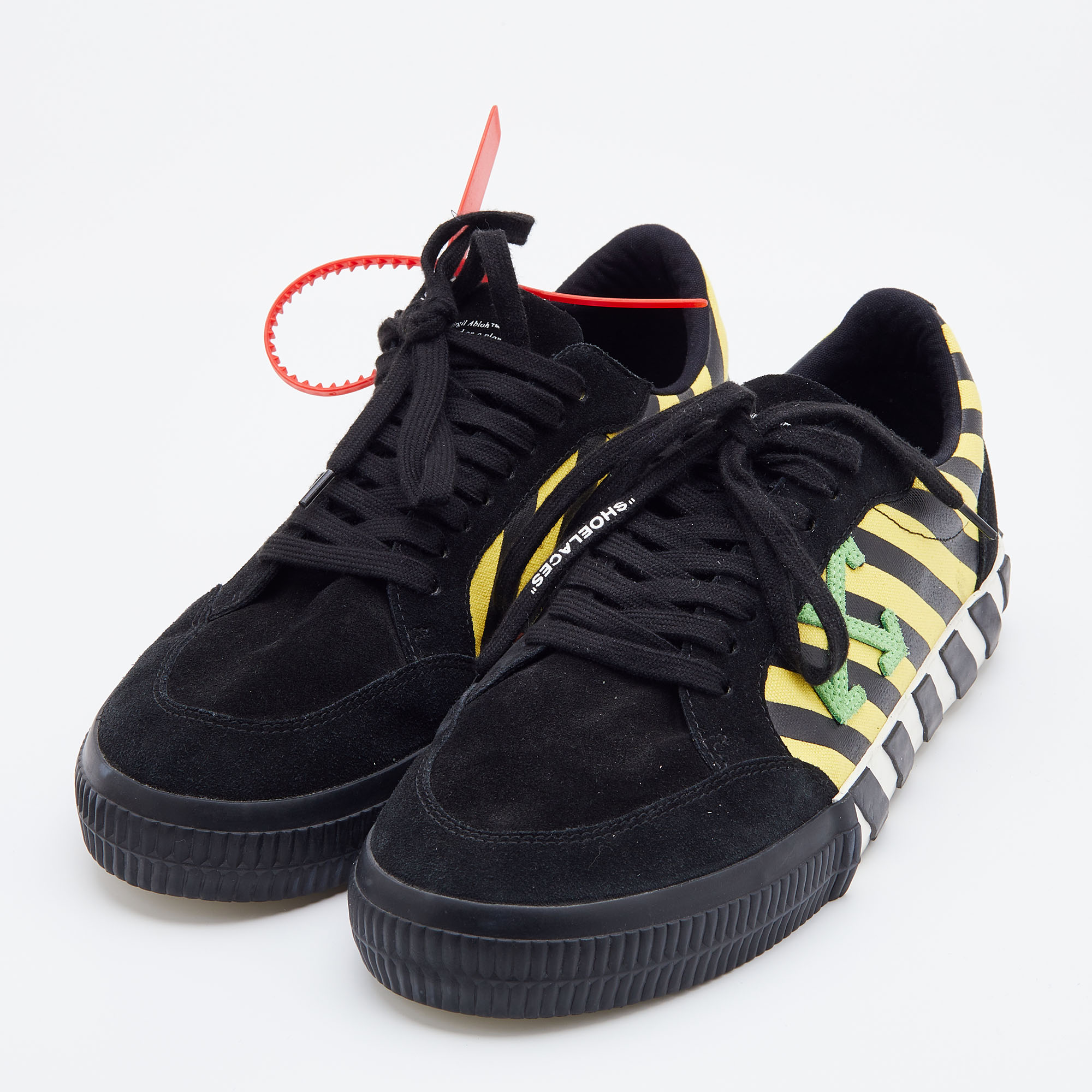 

Off White Black/Yellow Suede and Canvas Vulcanized Striped Low Top Sneakers Size