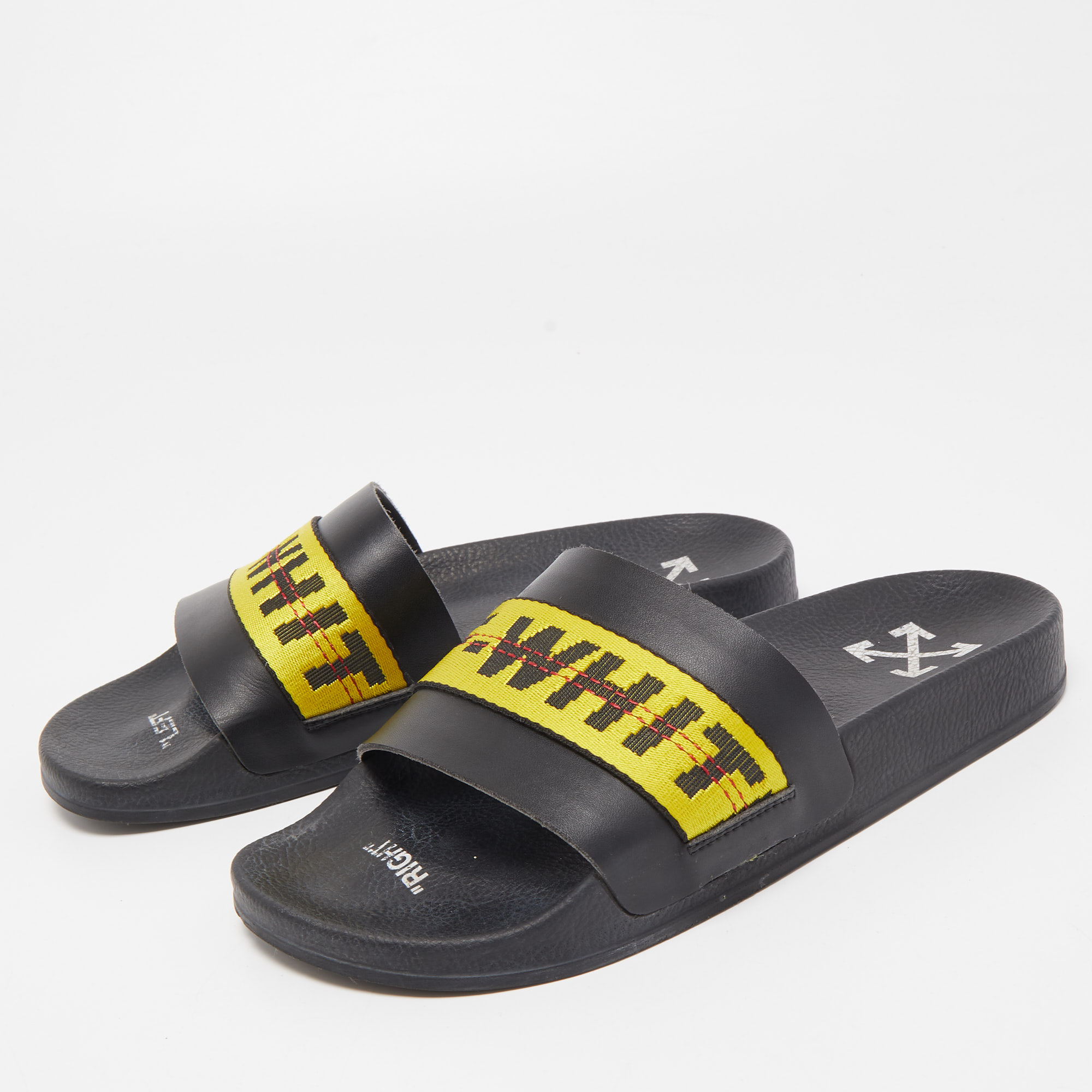 

Off-White Black Leather and Logo Canvas Industrial Slides Size