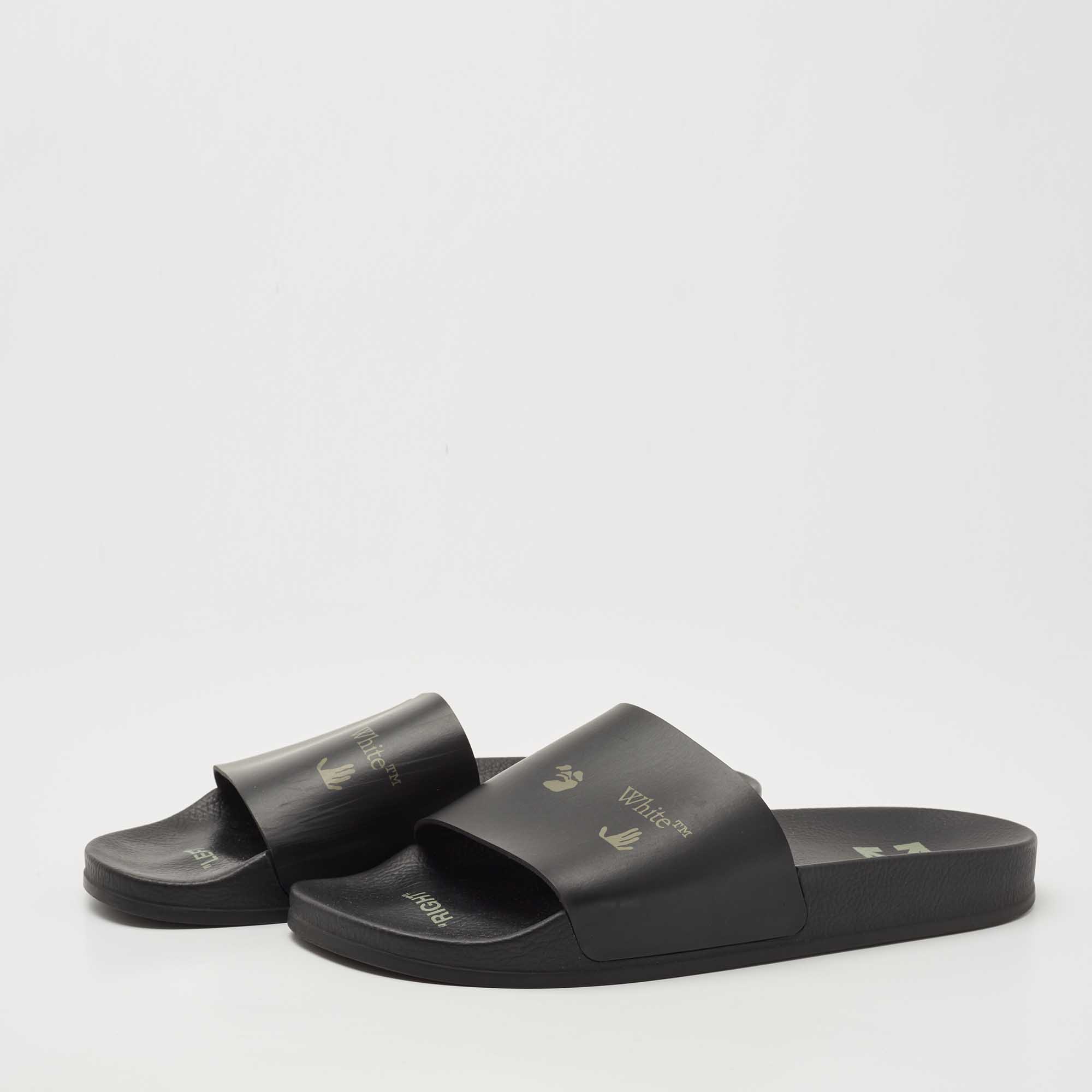 

Off-White Black Leather Logo Pool Slides Size