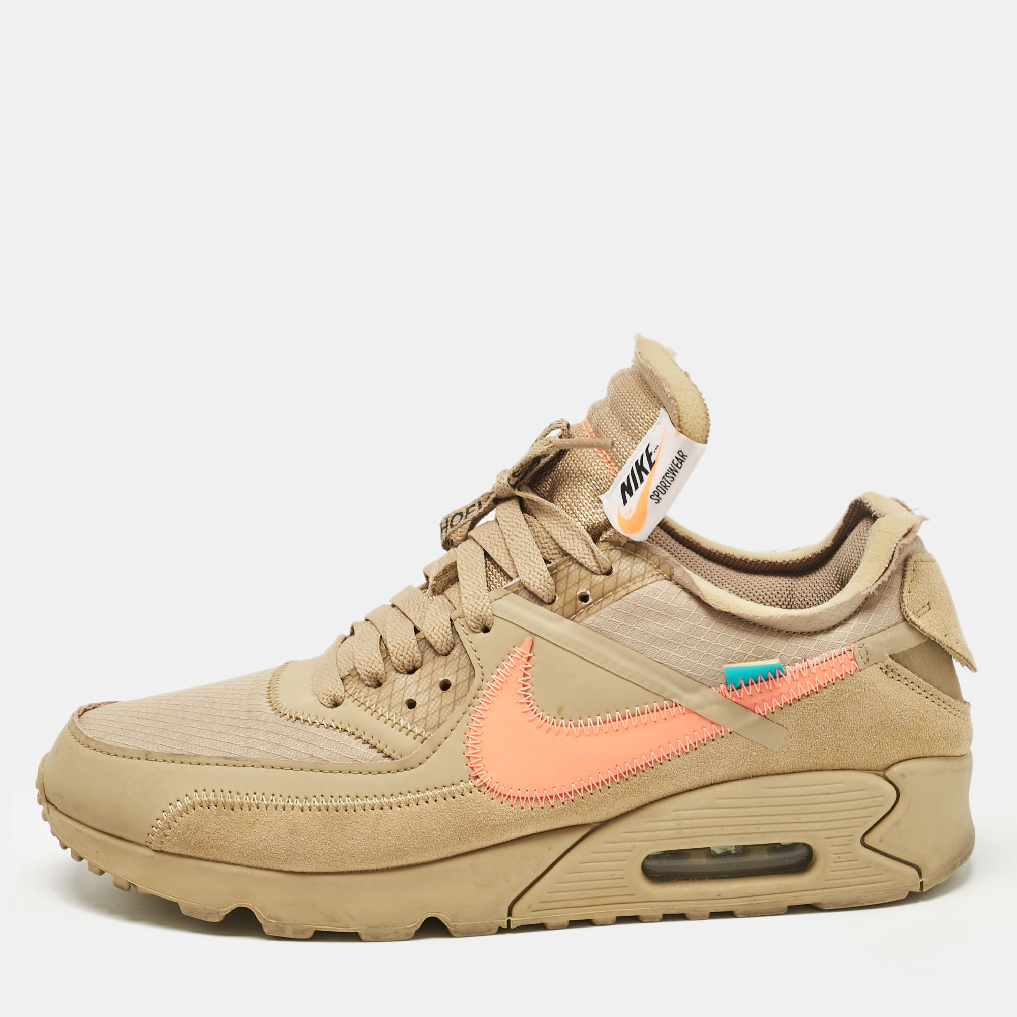 

Off-White x Nike Beige Fabric and Suede Air Max 90 Desert Ore Low Top Sneakers Size 43