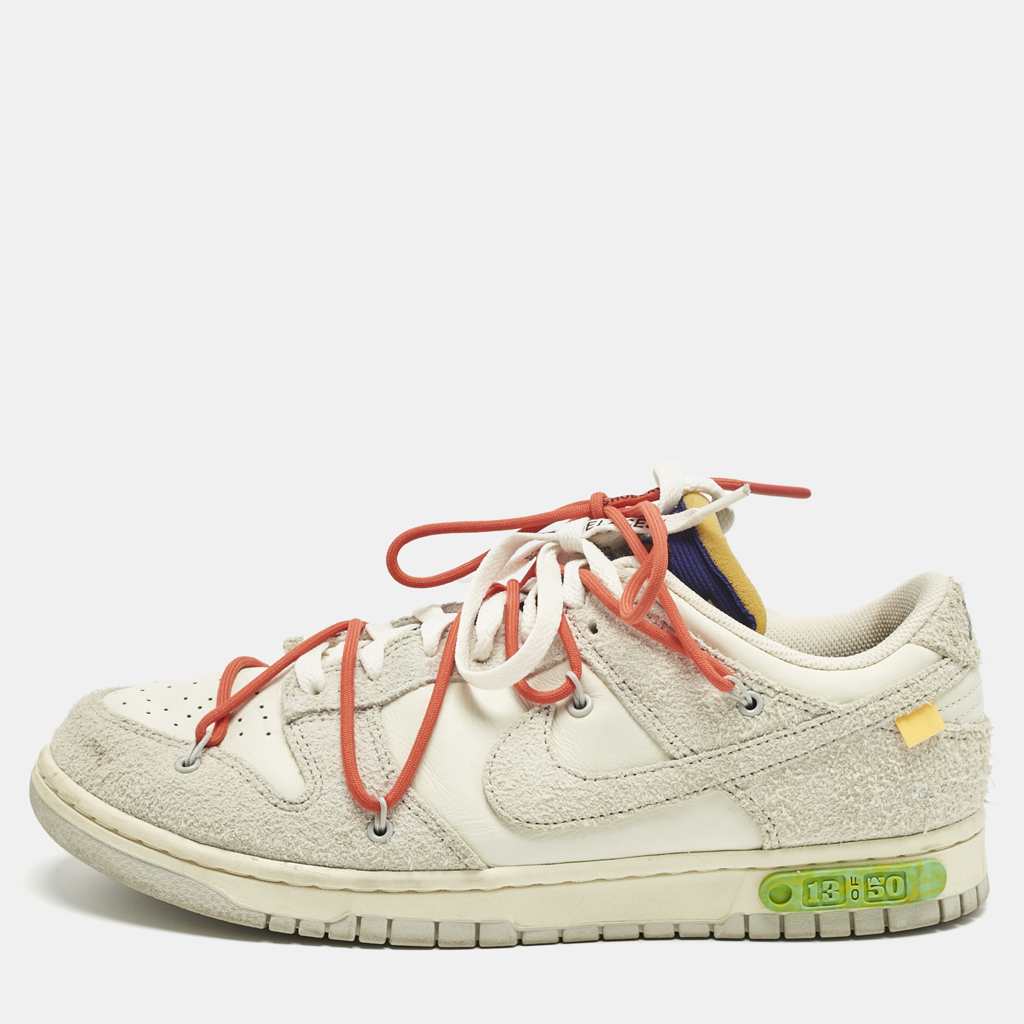 Off-White x Nike Cream/White Leather and Suede Dunk Low Top Sneakers Size 45