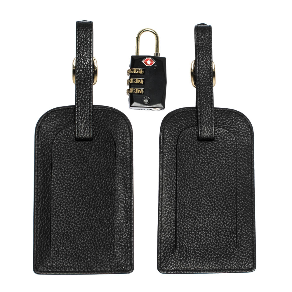 

Omega Black Leather Luggage Set Tag with Padlock