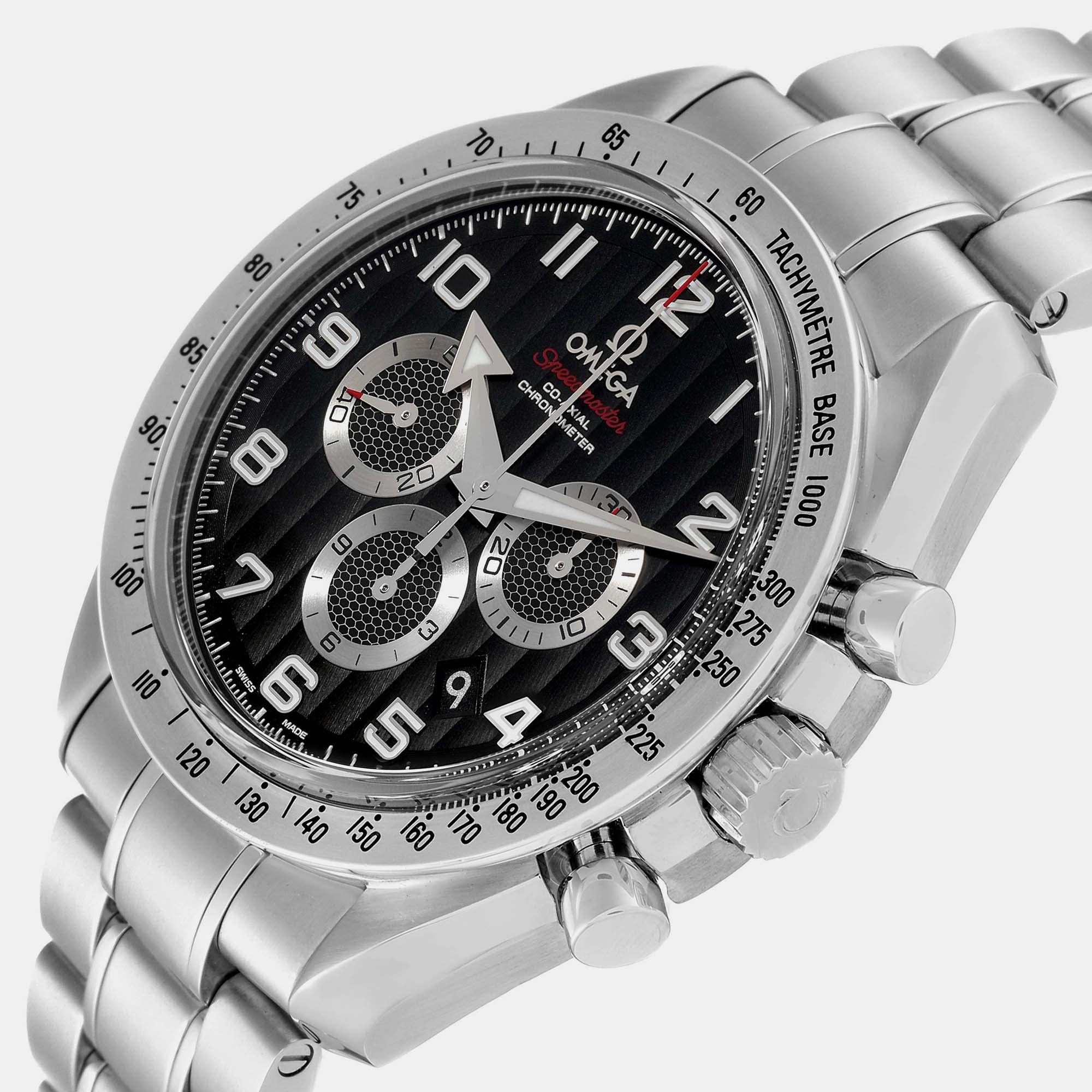 

Omega Black Stainless Steel Speedmaster Broad Arrow 321.10.44.50.01.001 Automatic Chronograph Men's Wristwatch 44 mm