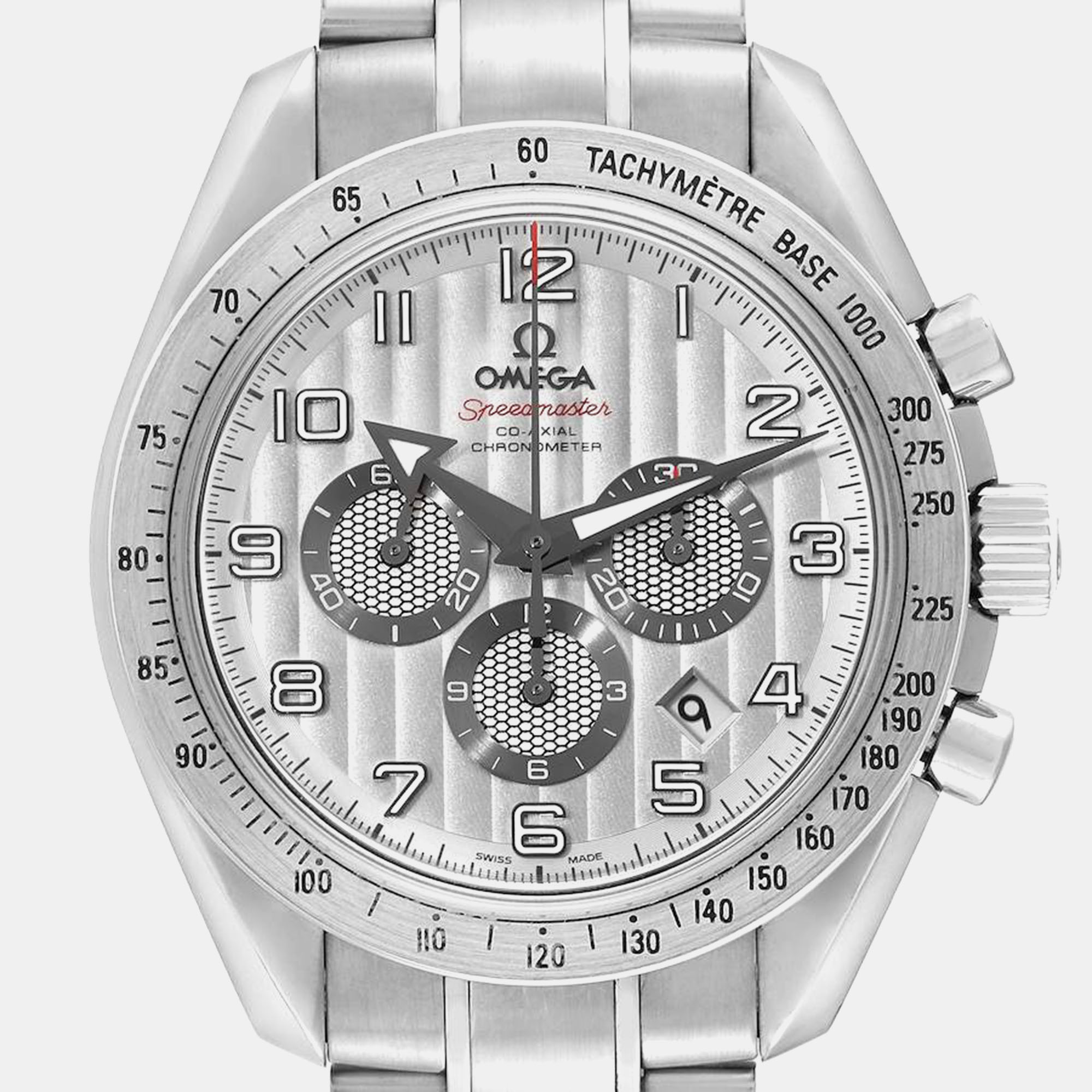 

Omega Silver Stainless Steel Speedmaster Broad Arrow 321.10.44.50.02.001 Automatic Chronograph Men's Wristwatch 44 mm