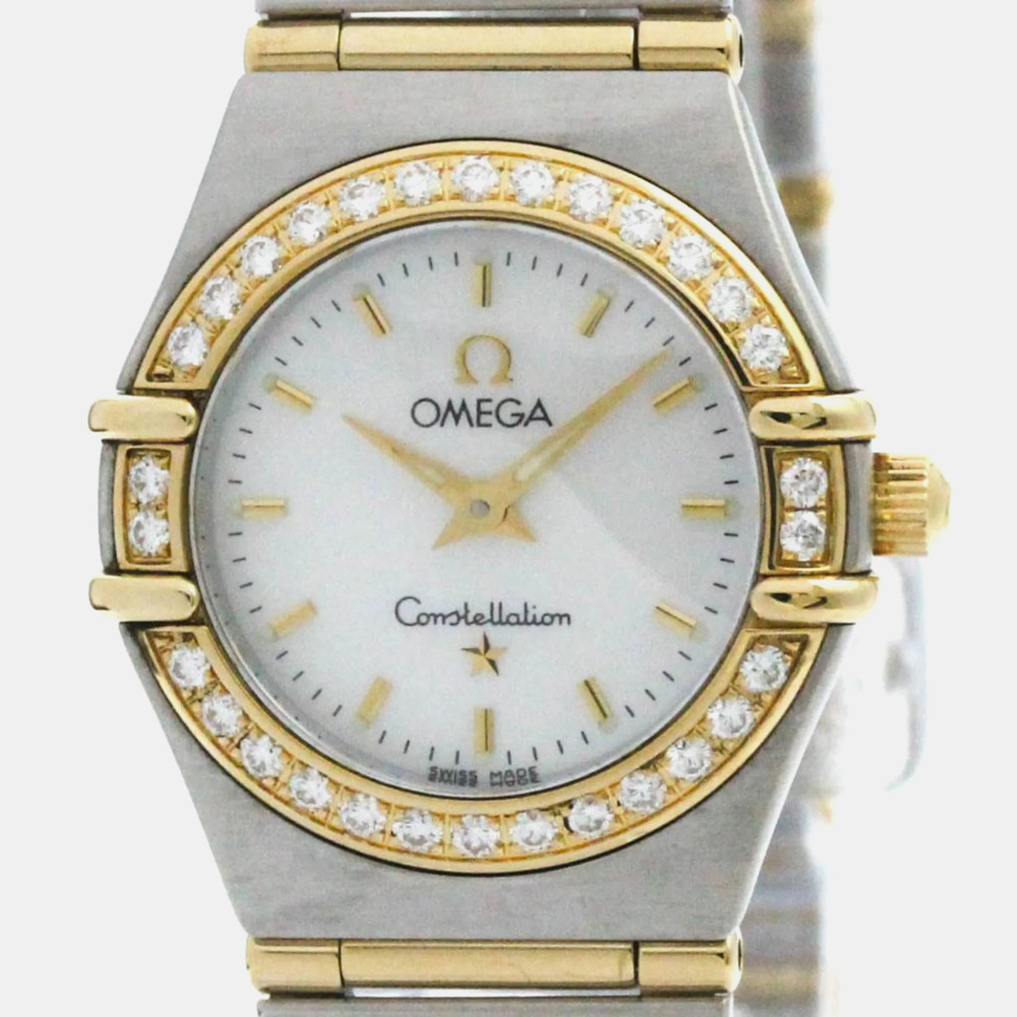 

Omega White Shell 18k Yellow Gold Stainless Steel Constellation 1267.70 Quartz Men's Wristwatch 22 mm