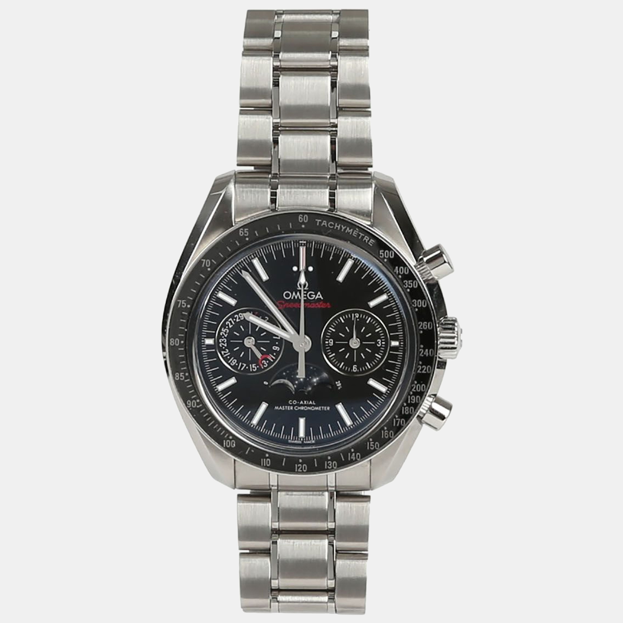 Pre-owned Omega Black Stainless Steel Speedmaster 304.30.44.52.01.001 Automatic Men's Wristwatch 44 Mm