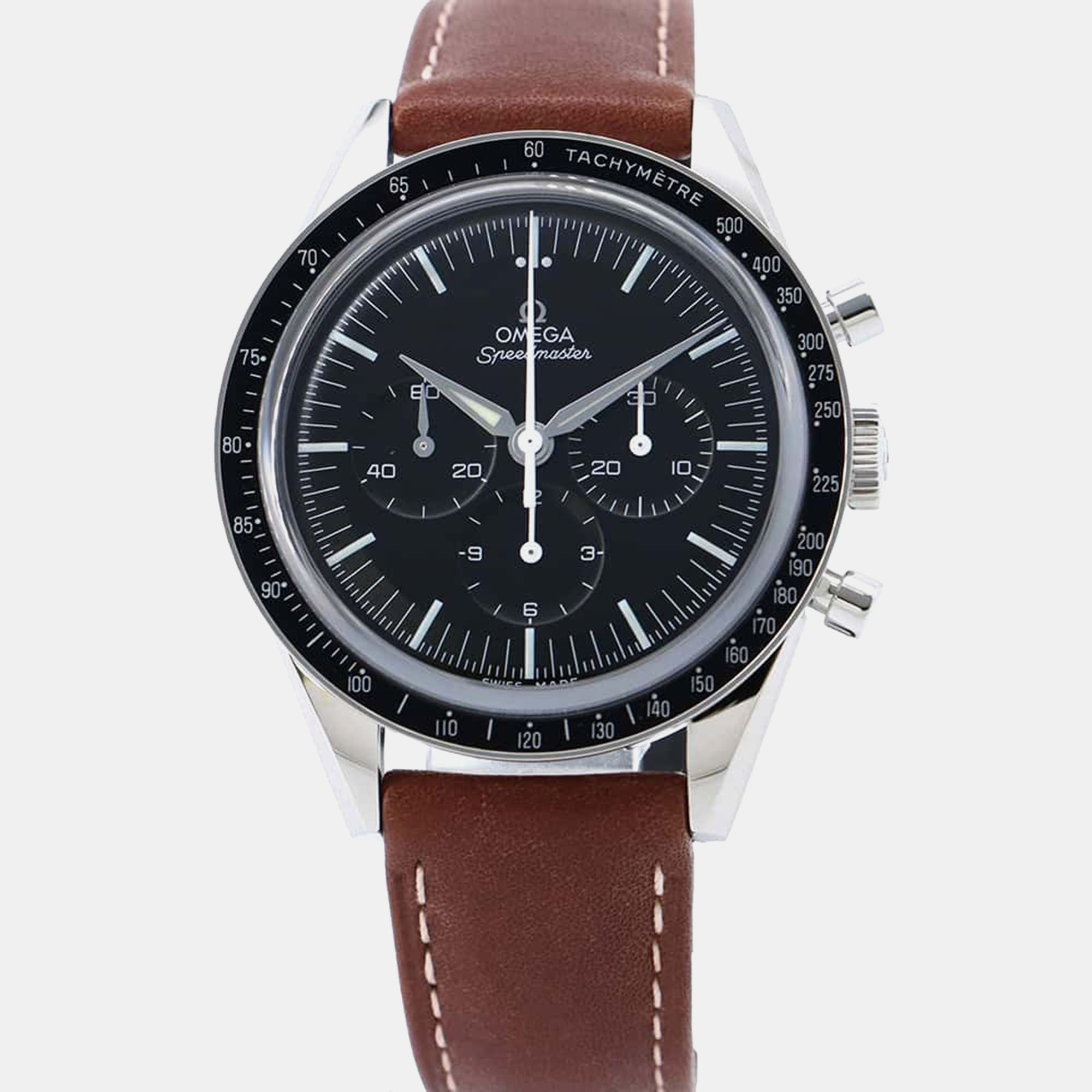 

Omega Black Dial Speedmaster Moonwatch Stainless Steel Leather Watch