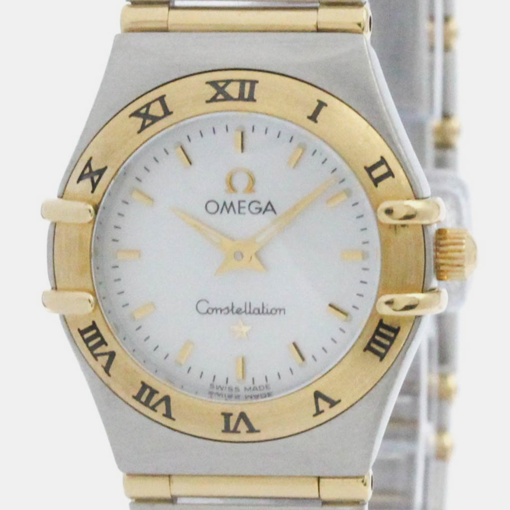 

Omega White Shell 18k Yellow Gold Stainless Steel Constellation 1262.70 Quartz Women's Wristwatch 33 mm, Silver