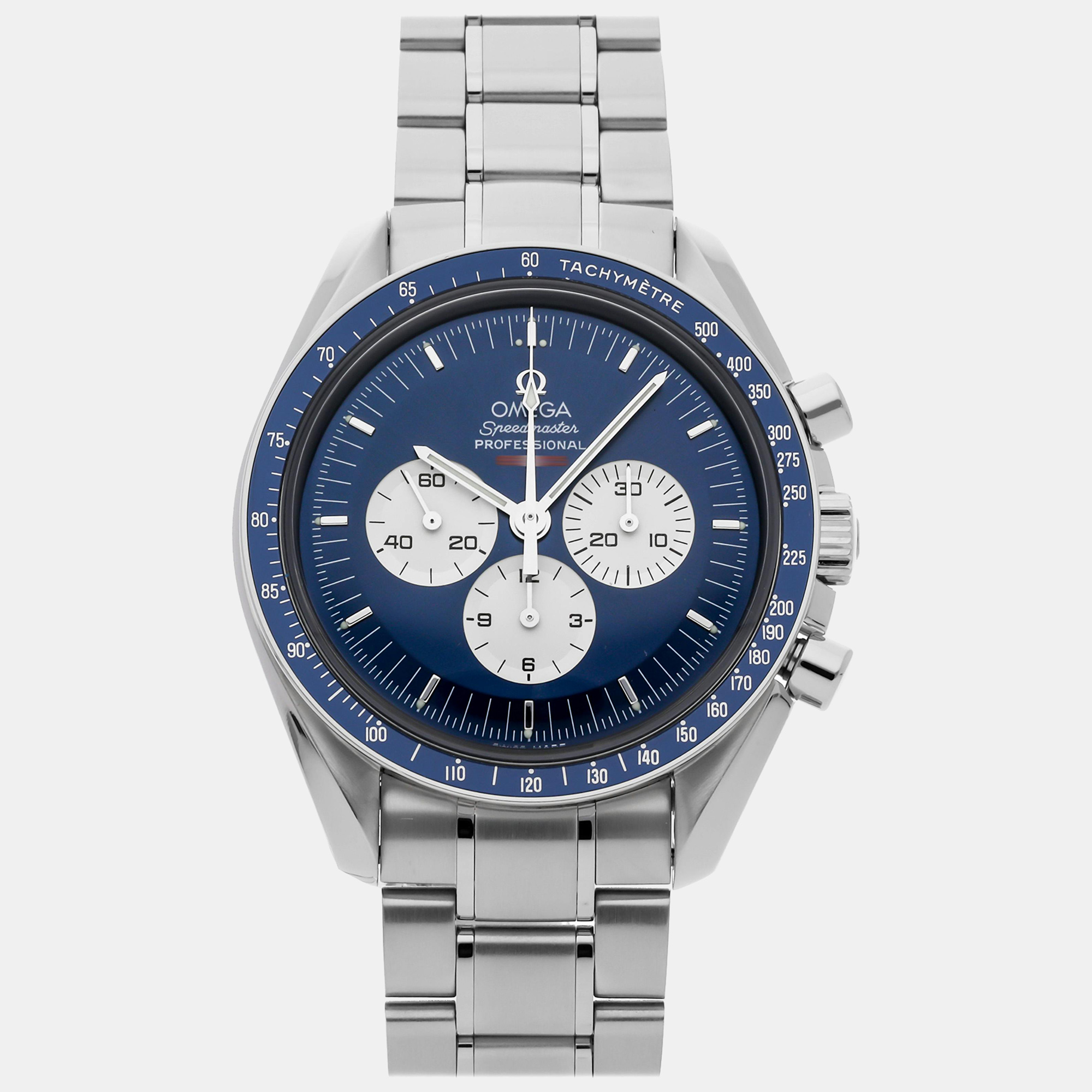 

Omega Blue Stainless Steel Speedmaster Manual Winding Men's Wristwatch 42 mm