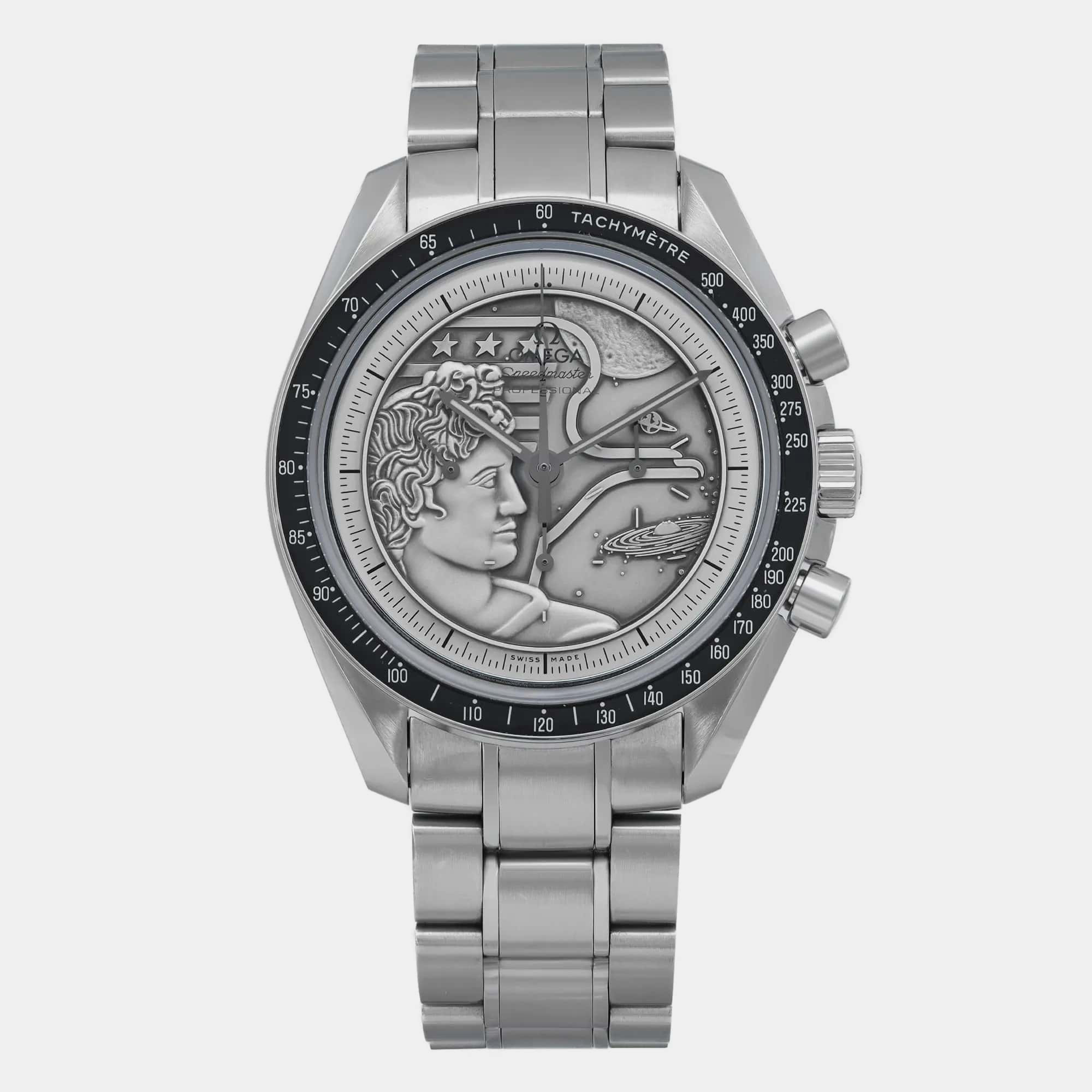 

Omega Silver Stainless Steel Speedmaster Apollo XVII Manual Winding Men's Wristwatch 42 mm