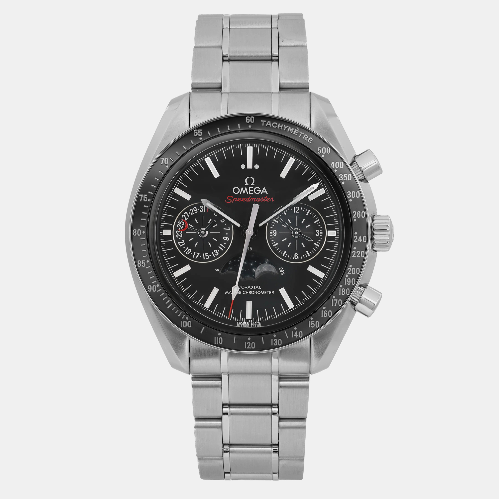 

Omega Black Stainless Steel Speedmaster Moonphase 304.30.44.52.01.001 Automatic Men's Wristwatch 44 mm