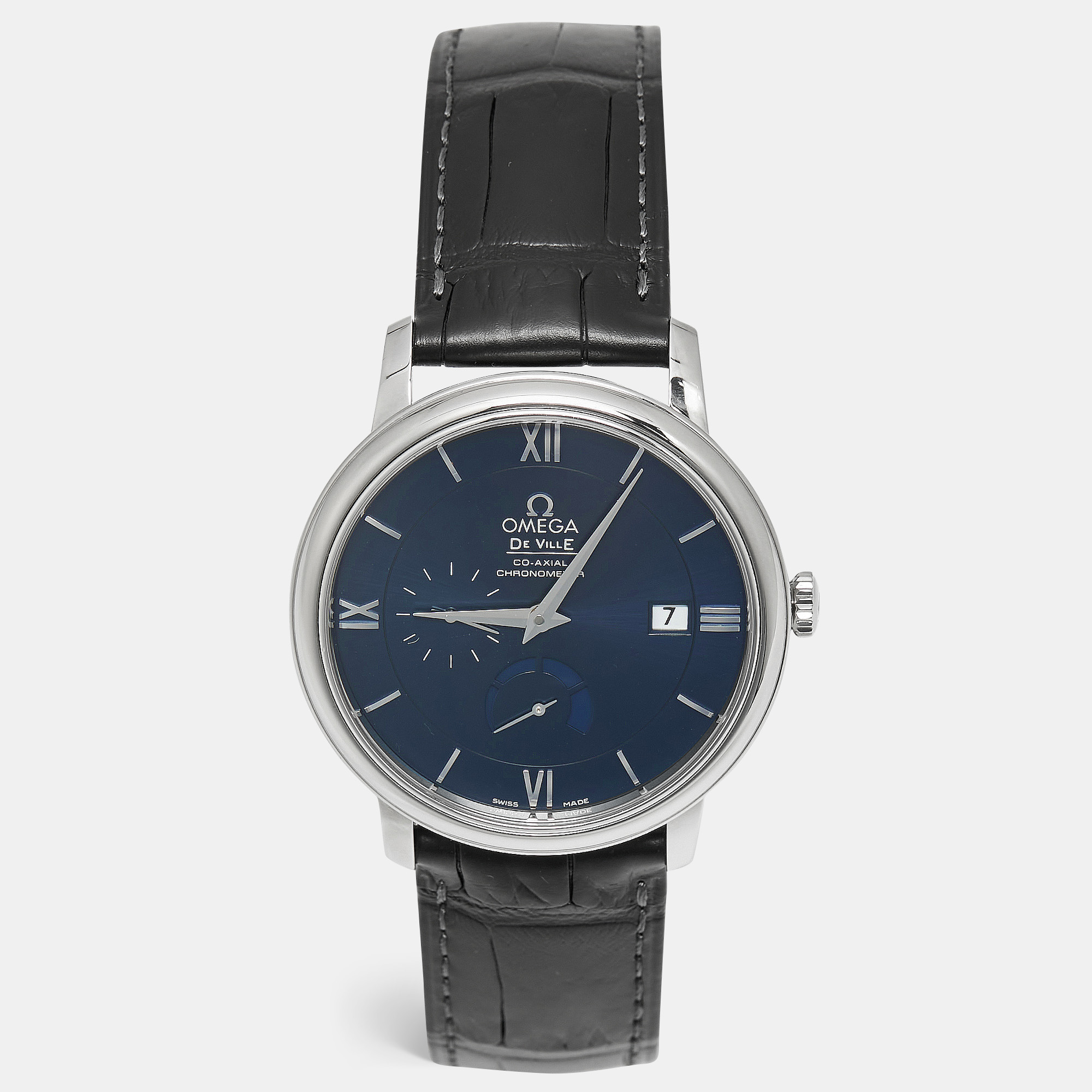 Pre-owned Omega Blue Stainless Steel Alligator De Ville Prestige 424.13.40.21.03.001 Men's Wristwatch 39 Mm