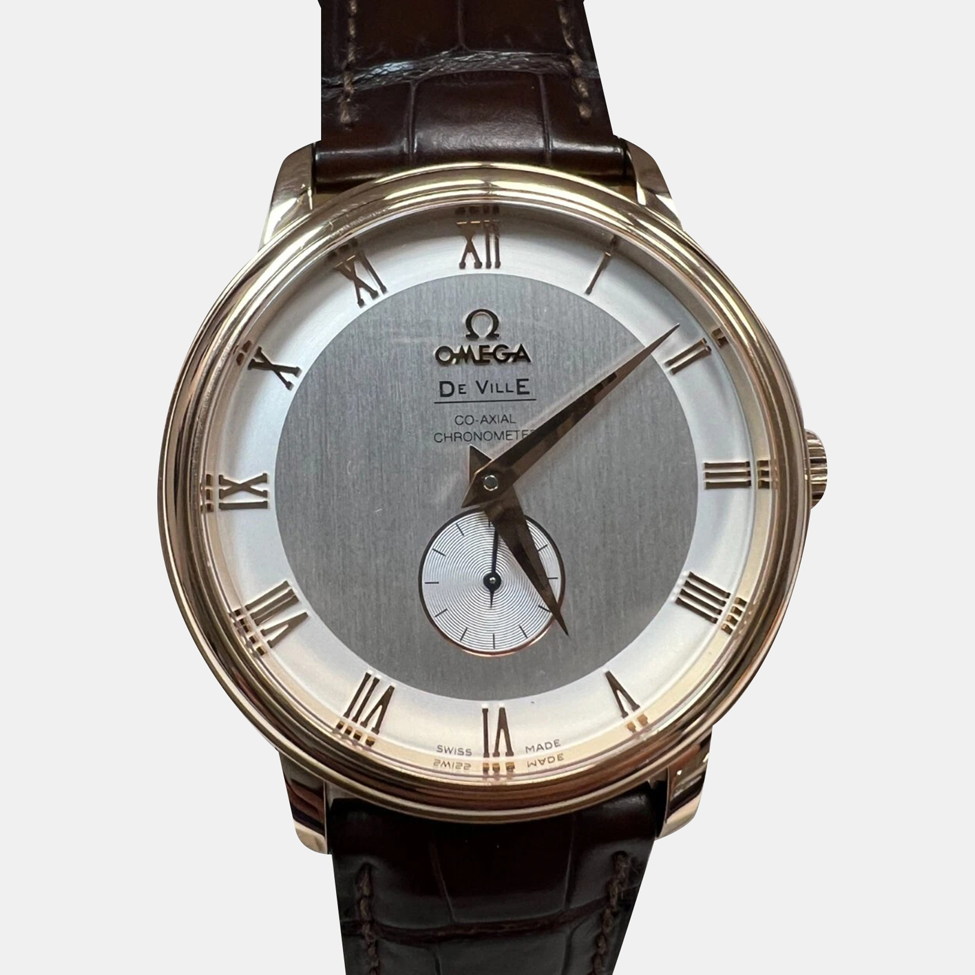 Pre-owned Omega De Ville Prestige 4614.30.02 Automatic 18k Rose Gold Men's Wristwatch 39 Mm In Silver