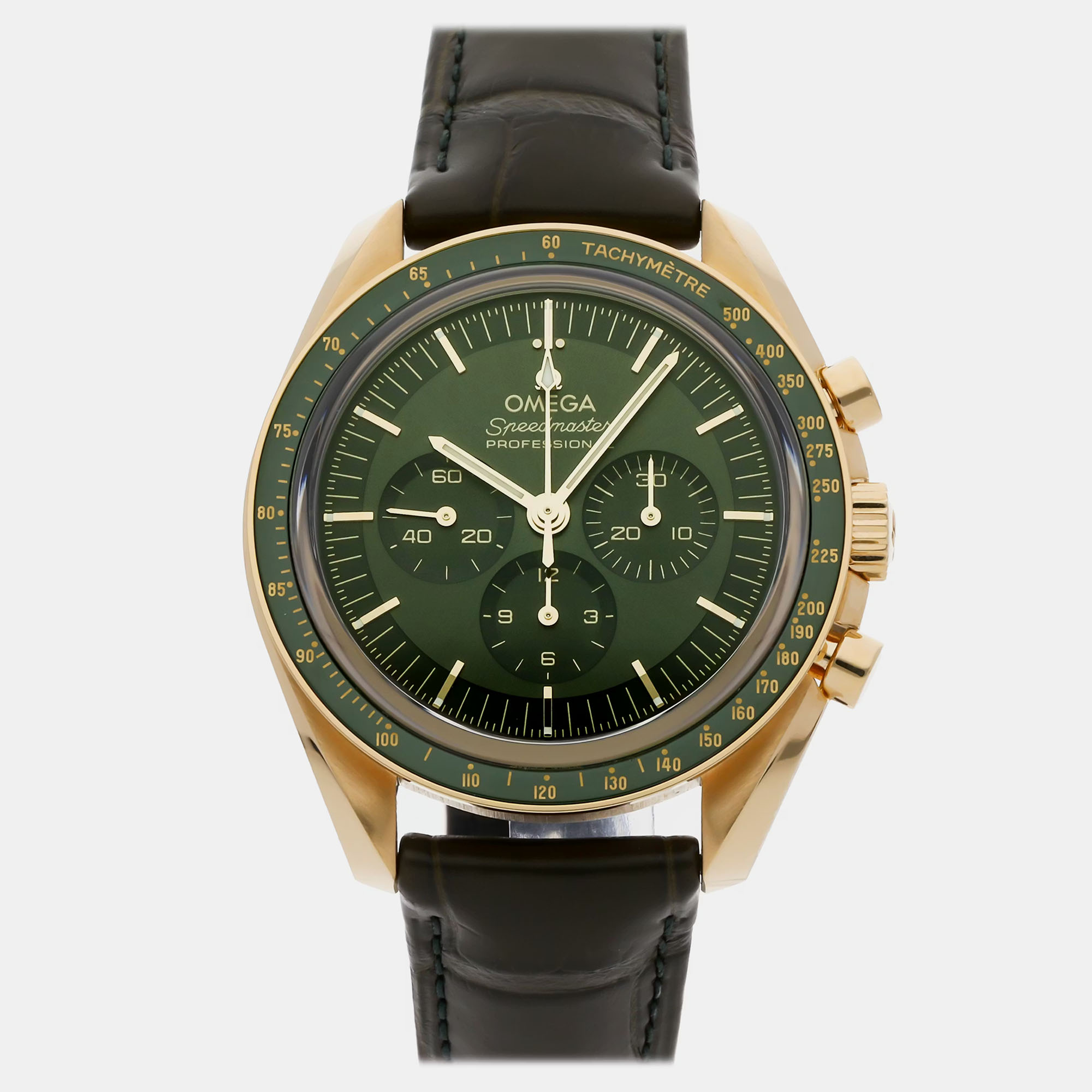 

Pre-Owned Omega Speedmaster Moonwatch Professional Chronograph 310.63.42.50.10.001 Green Manual Winding 18k Rose Gold Men's Wristwatch 42 MM
