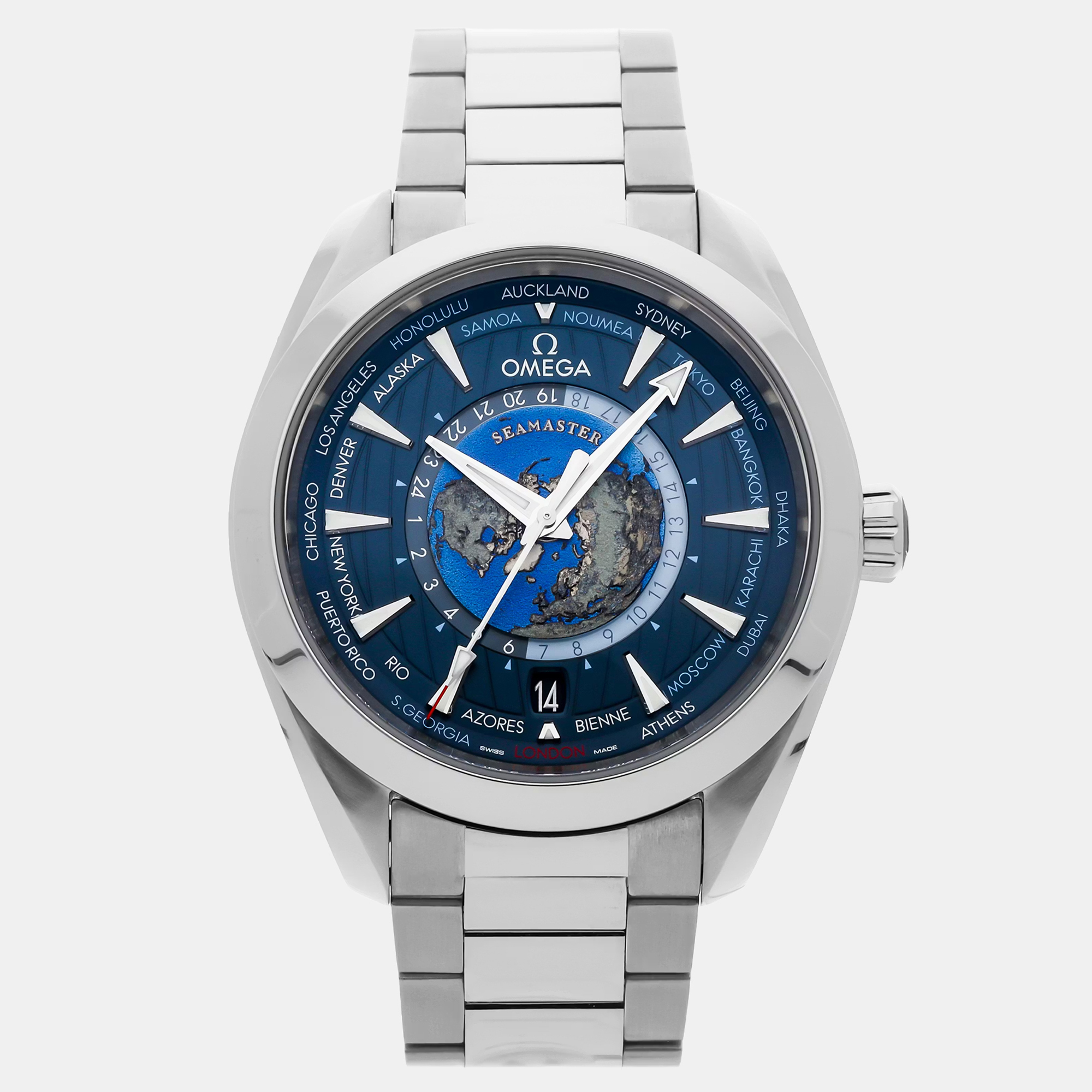 Pre-Owned Omega Seamaster Aqua Terra 150M GMT Worldtimer 220.10.43.22.03.001 Blue Automatic Stainless Steel Men’s Wristwatch 43 mm