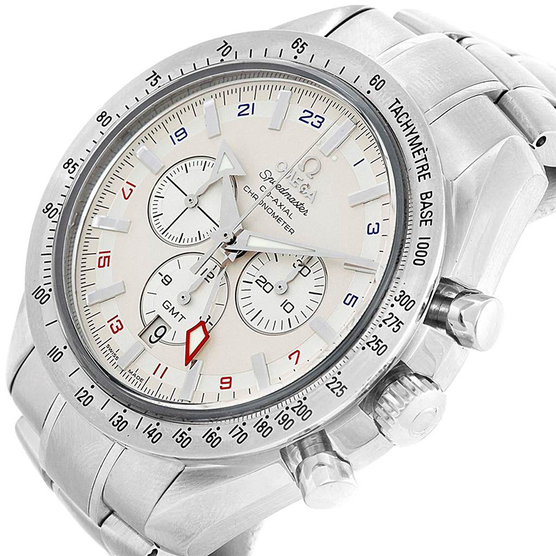

Omega Off-White Stainless Steel Speedmaster Broad Arrow Co-Axial GMT, Cream