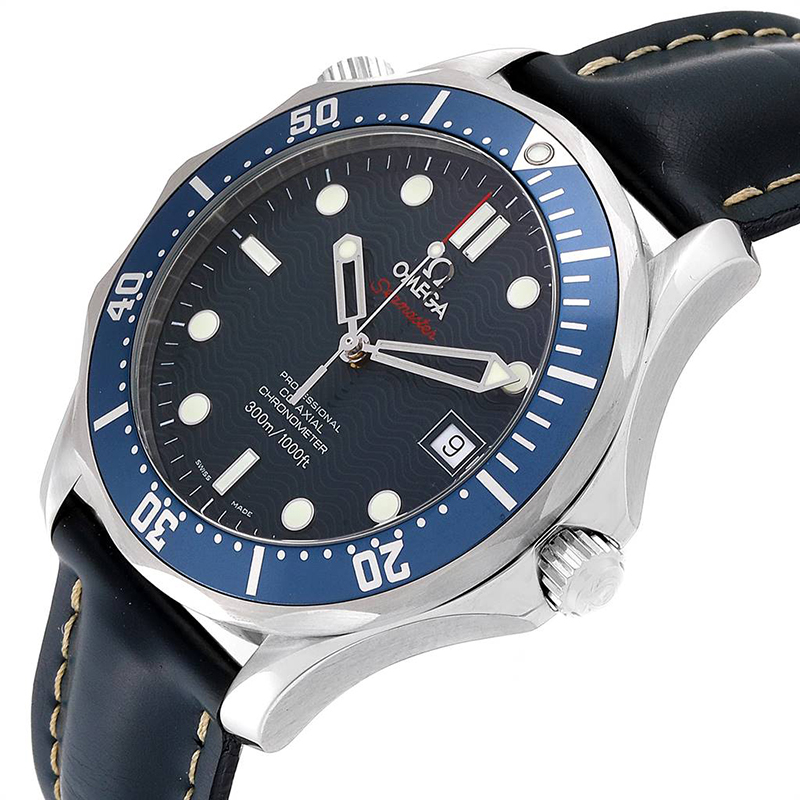 

Omega Blue and Stainless Steel Leather Seamaster Bond