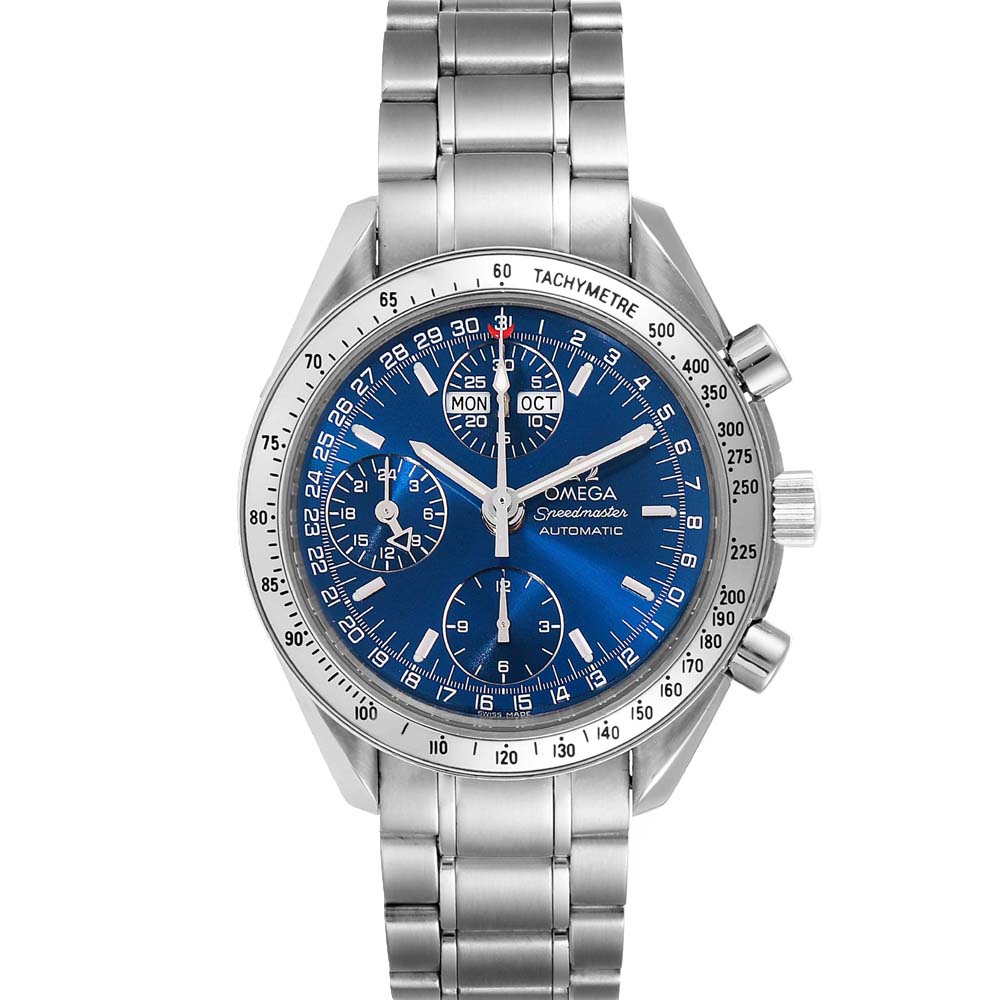 Pre-owned Omega Blue Stainless Steel Speedmaster Day-date 3523.80.00 Men's Wristwatch 39 Mm