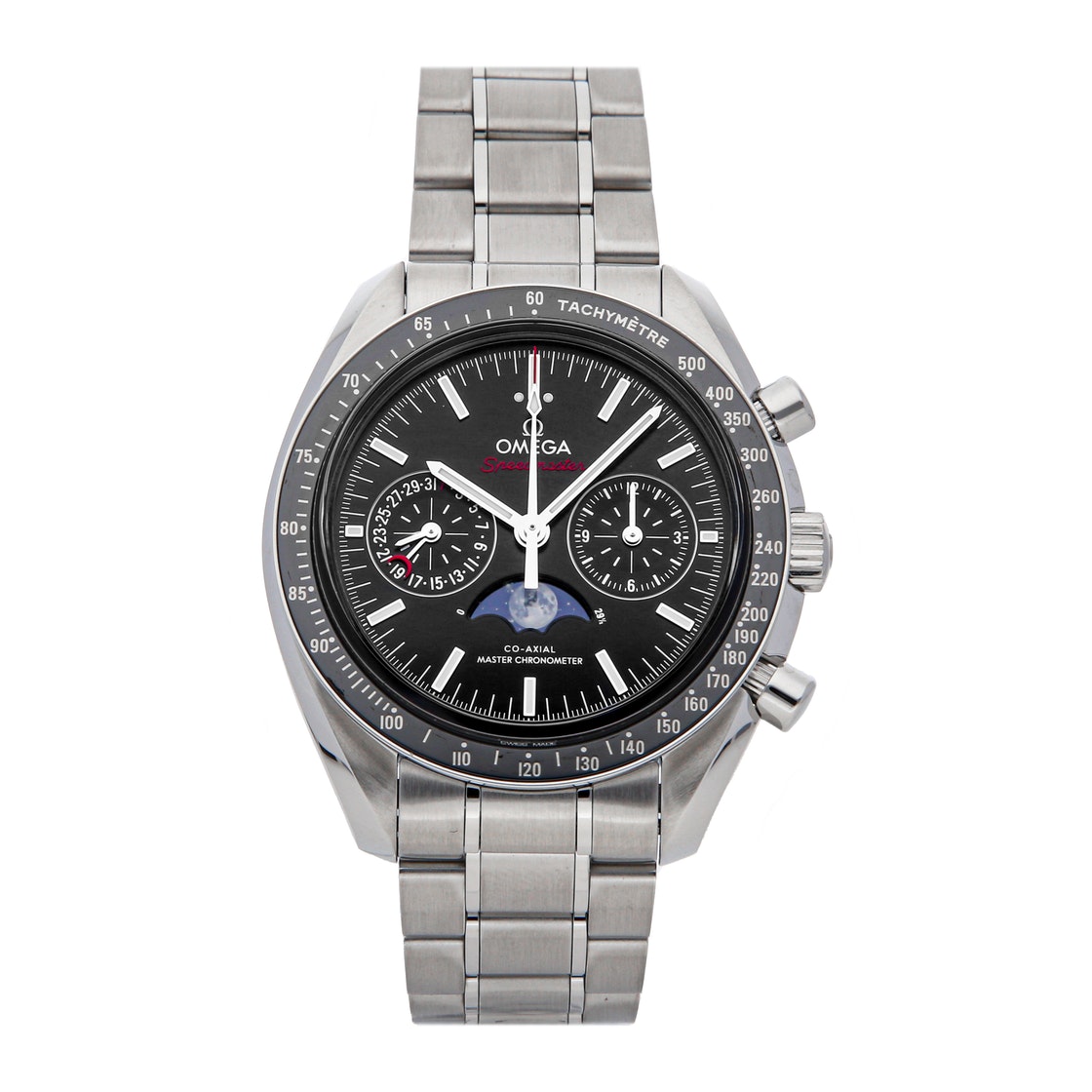 Pre-owned Omega Black Stainless Steel Speedmaster Moon Phase Chronograph 304.30.44.52.01.001 Men's Wristwatch 44 Mm