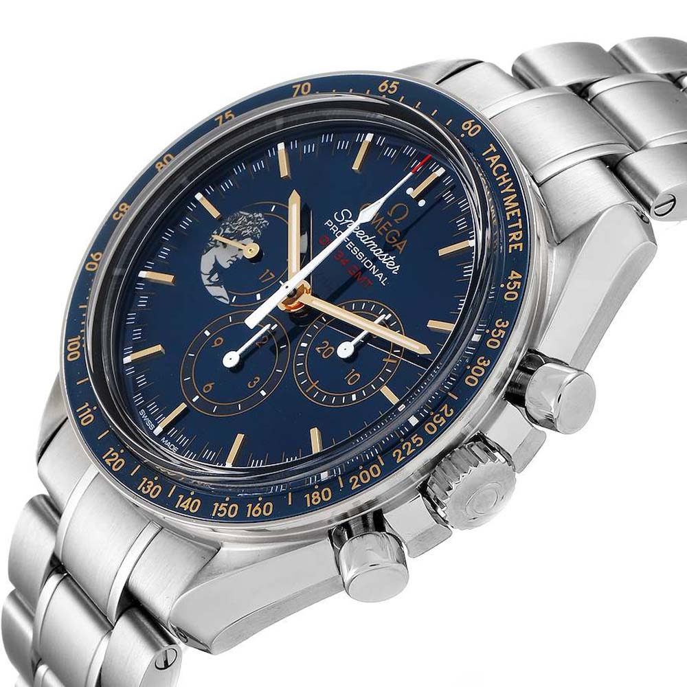 

Omega Blue Stainless Steel Speedmaster Apollo 17 LE Moonwatch 311.30.42.30.03.001 Men's Wristwatch 42 MM