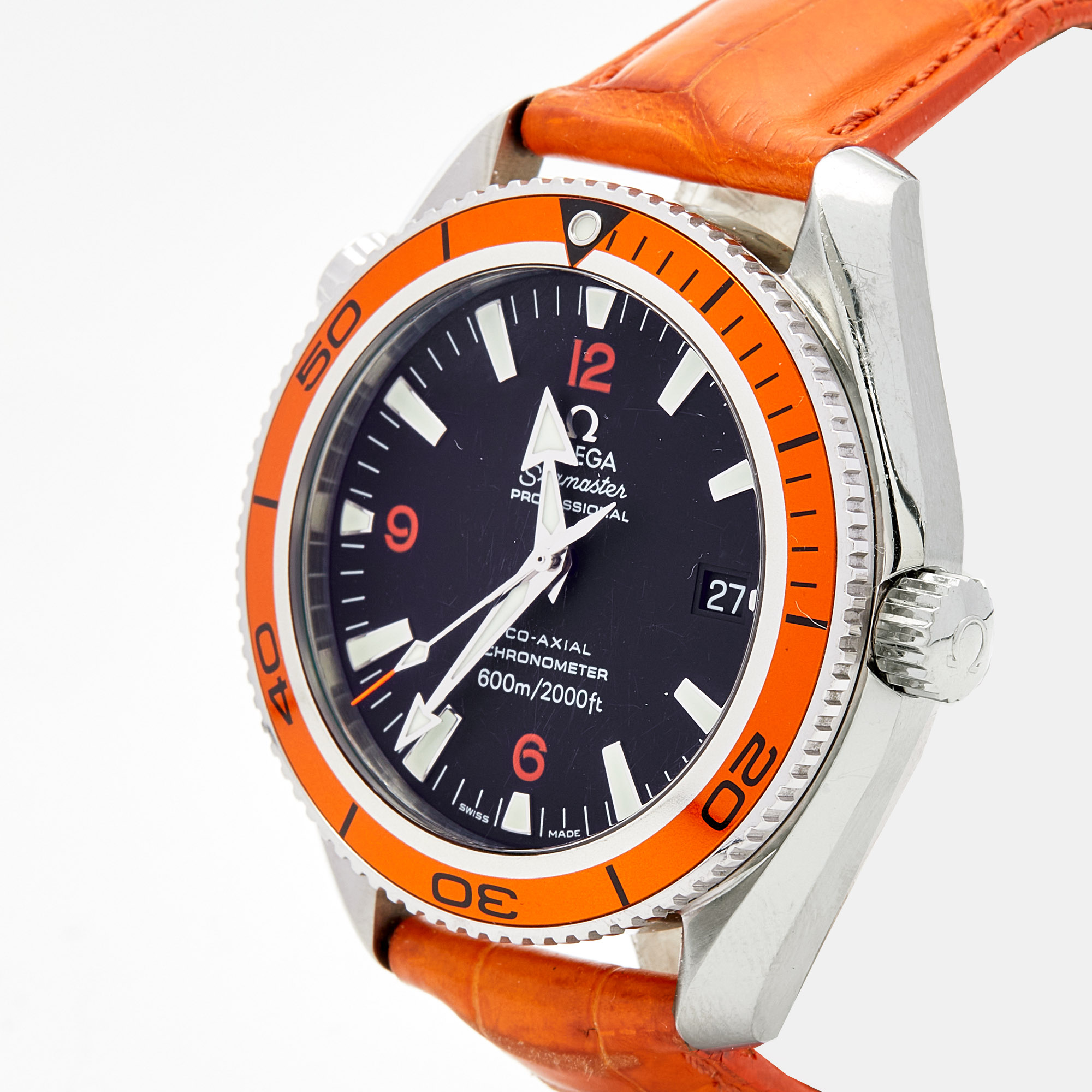 

Omega Black Stainless Steel Embossed Leather Seamaster Planet Ocean, Orange