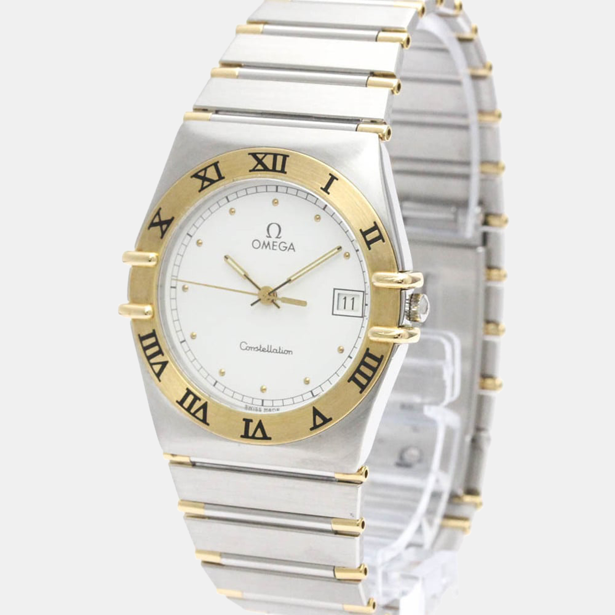 Pre Owned Omega White 18k Yellow Gold And Stainless Steel Constellation 396.1070 Quartz Men's Wristwatch 33 mm
