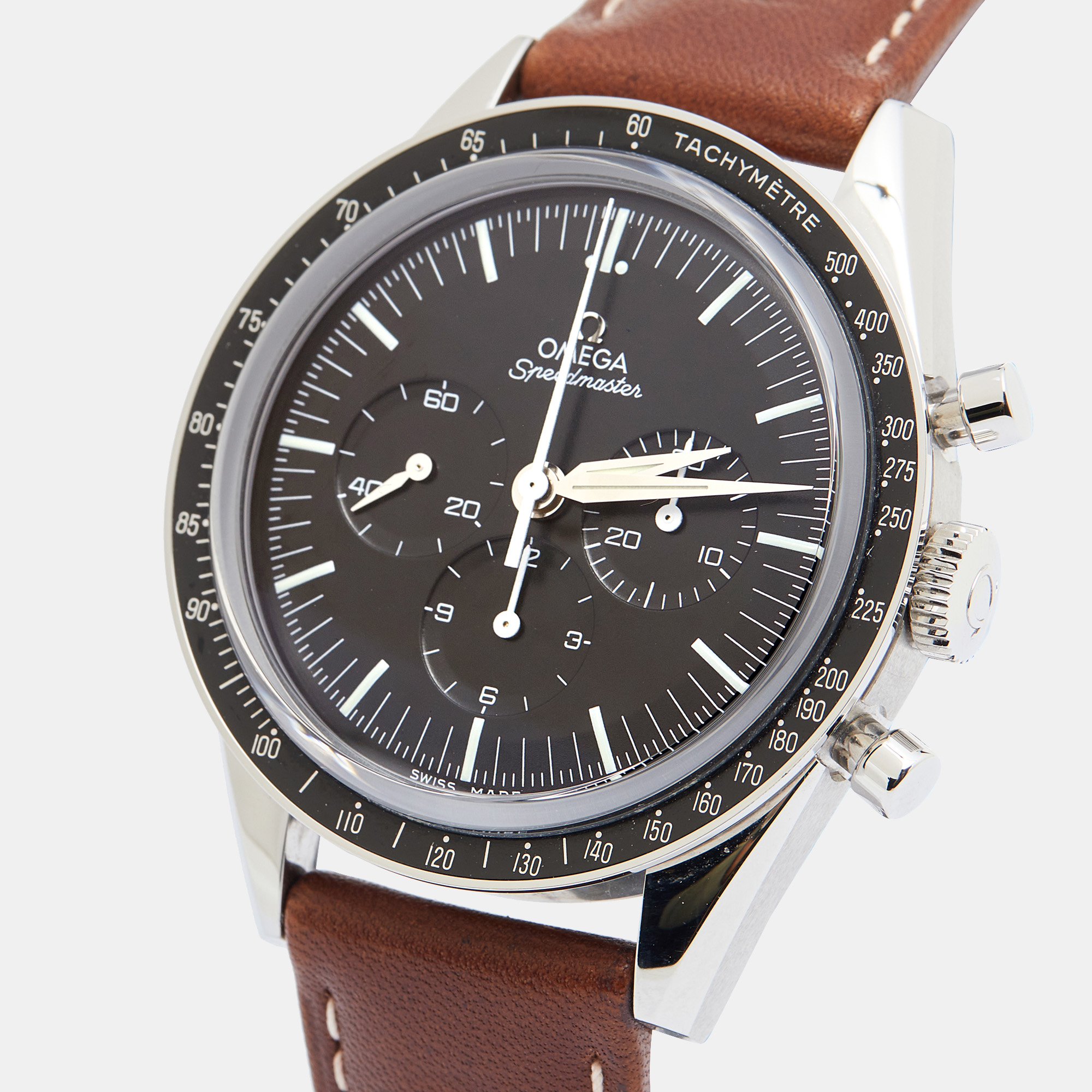 

Omega Black Stainless Steel Leather Speedmaster Moonwatch 'First Omega In Space' Anniversary Series Chronograph