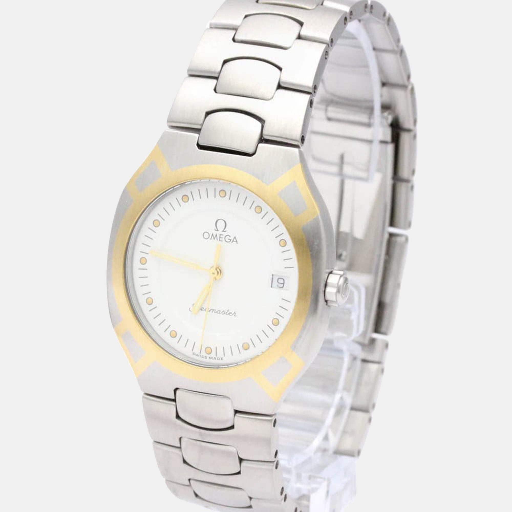 Pre Owned Omega White 18k Yellow Gold And Stainless Steel Seamaster 396.1022 Quartz Men's Wristwatch 31 mm