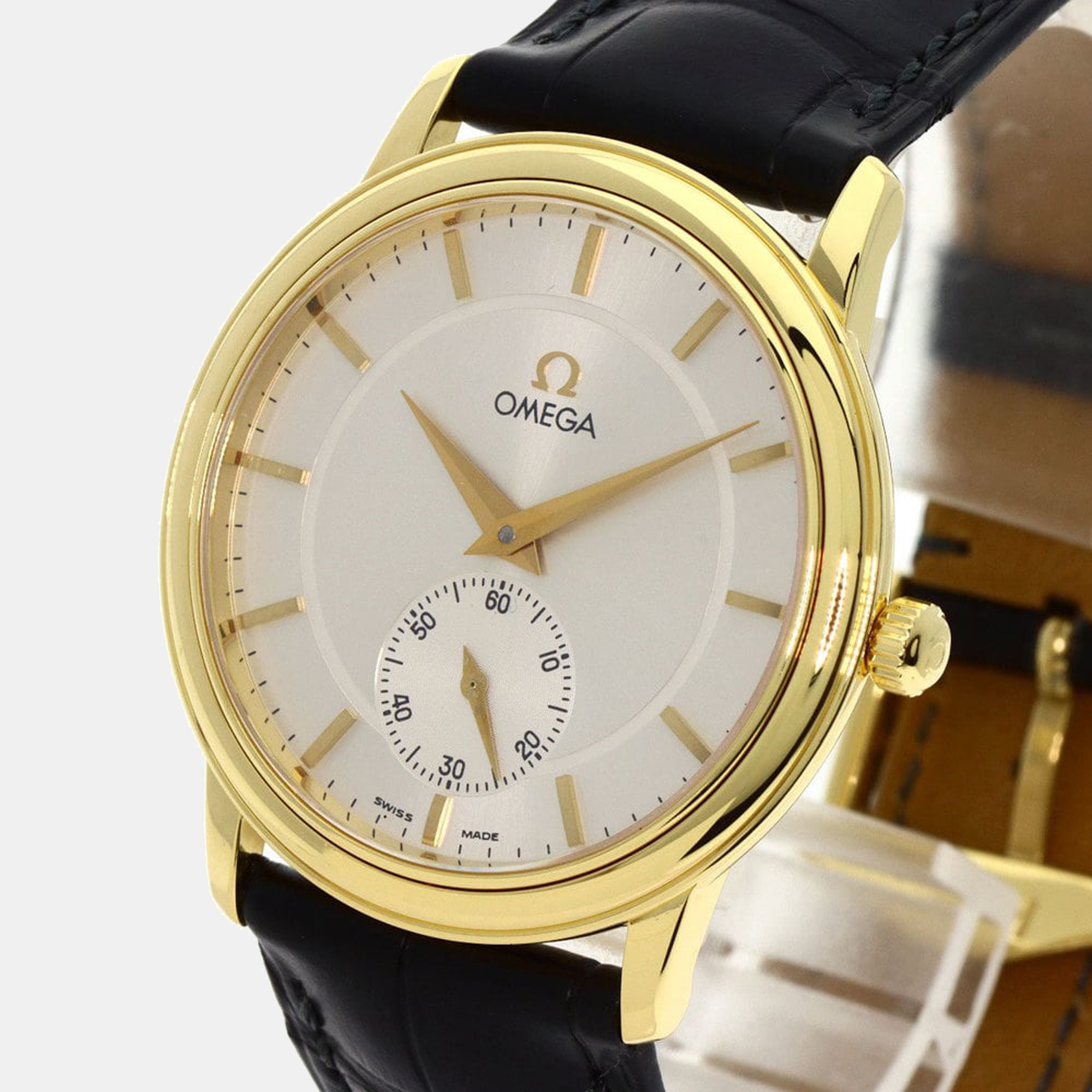 

Omega Silver 18K Yellow Gold and Leather De Ville Prestige 4620.31 Manual Winding Men's Wristwatch