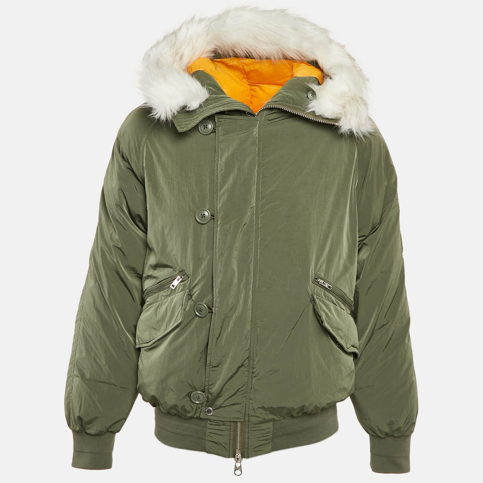 

Palace Green Nylon Detachable Fur Hooded Bomber Jacket M