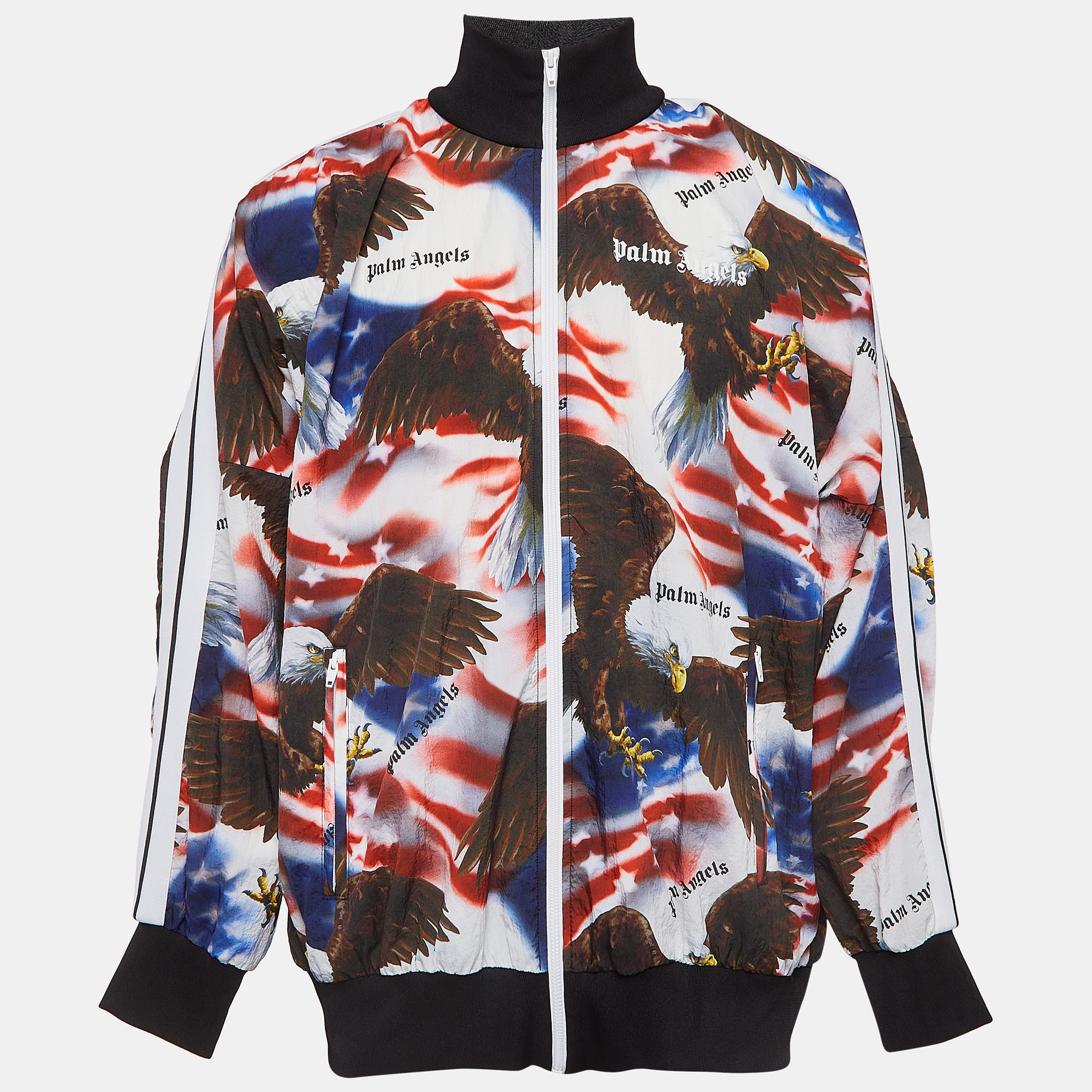 Multicolor Eagle Print Nylon Zip Front Bomber Jacket