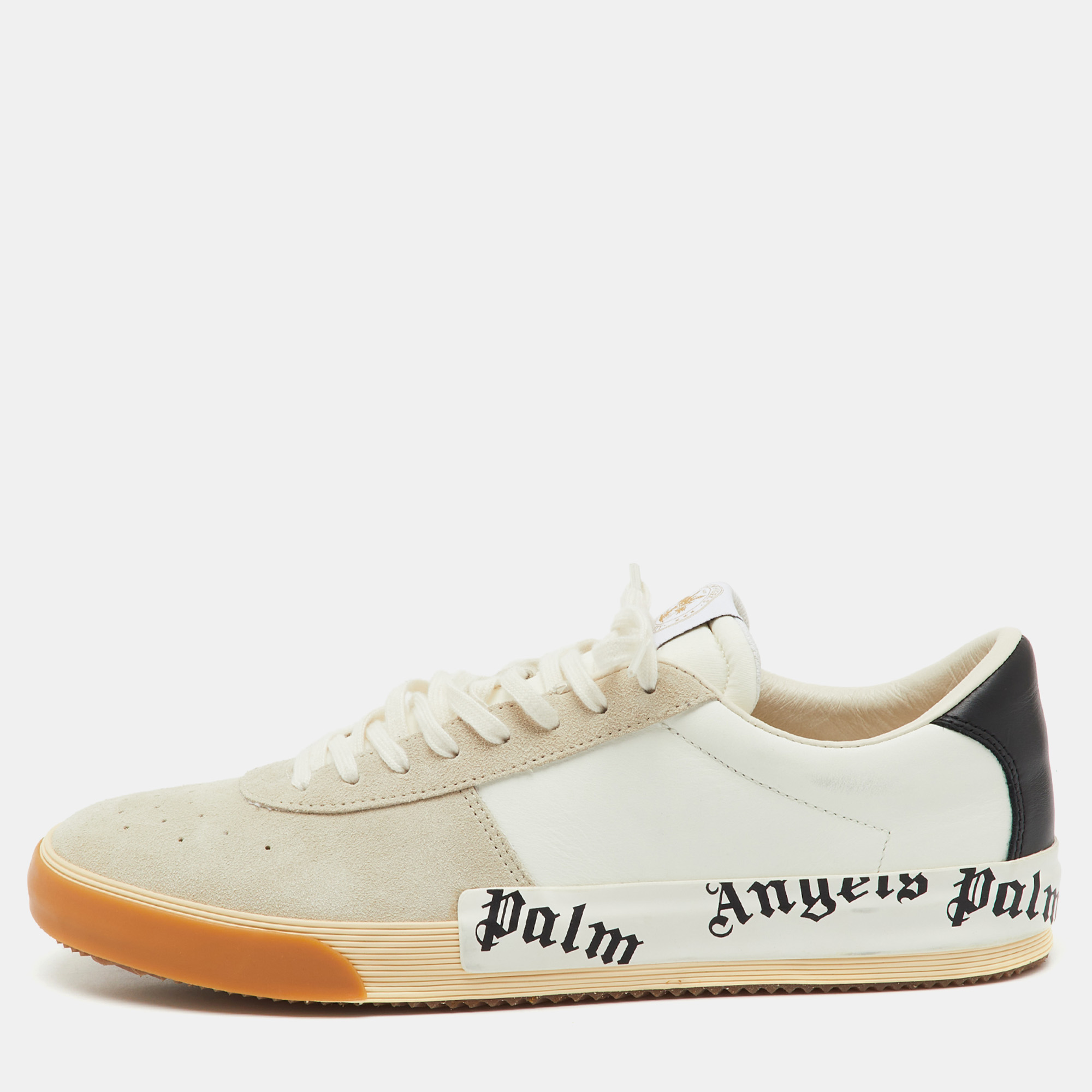 Palm Angels White/Beige Leather and Suede Vulcanized Low Top Sneakers Size 46