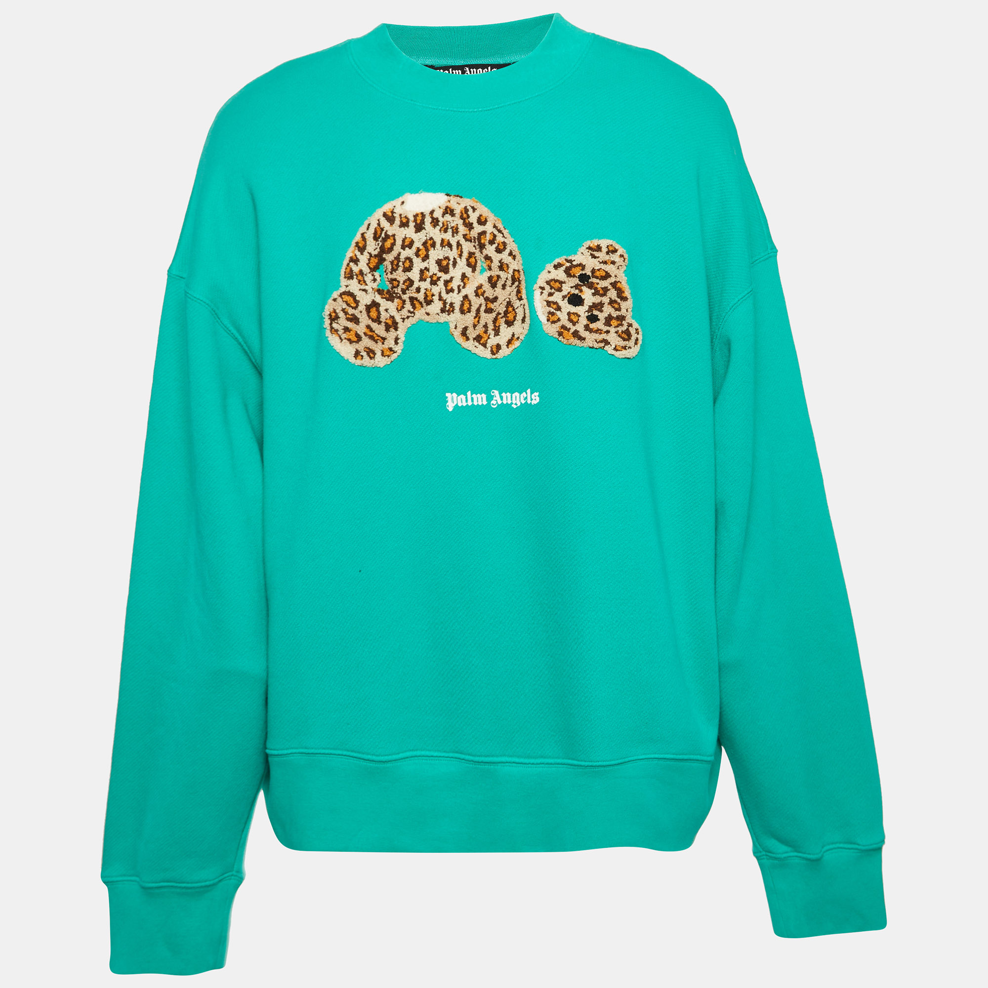 

Palm Angels Green Leopard Bear Embroidered Cotton Knit Sweatshirt L