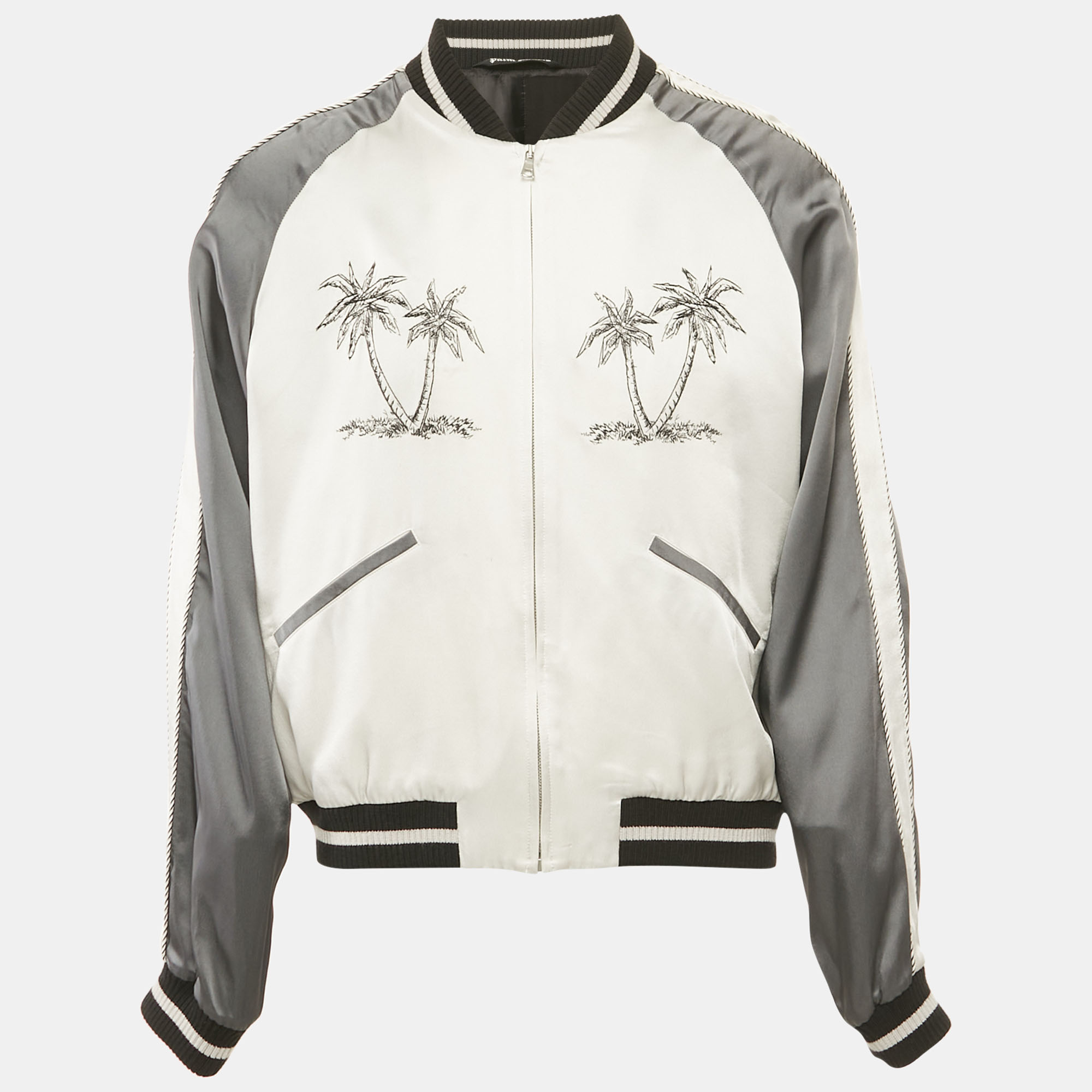 

Palm Angels Grey Palm Embroidered Satin Zip-Up Bomber Jacket L