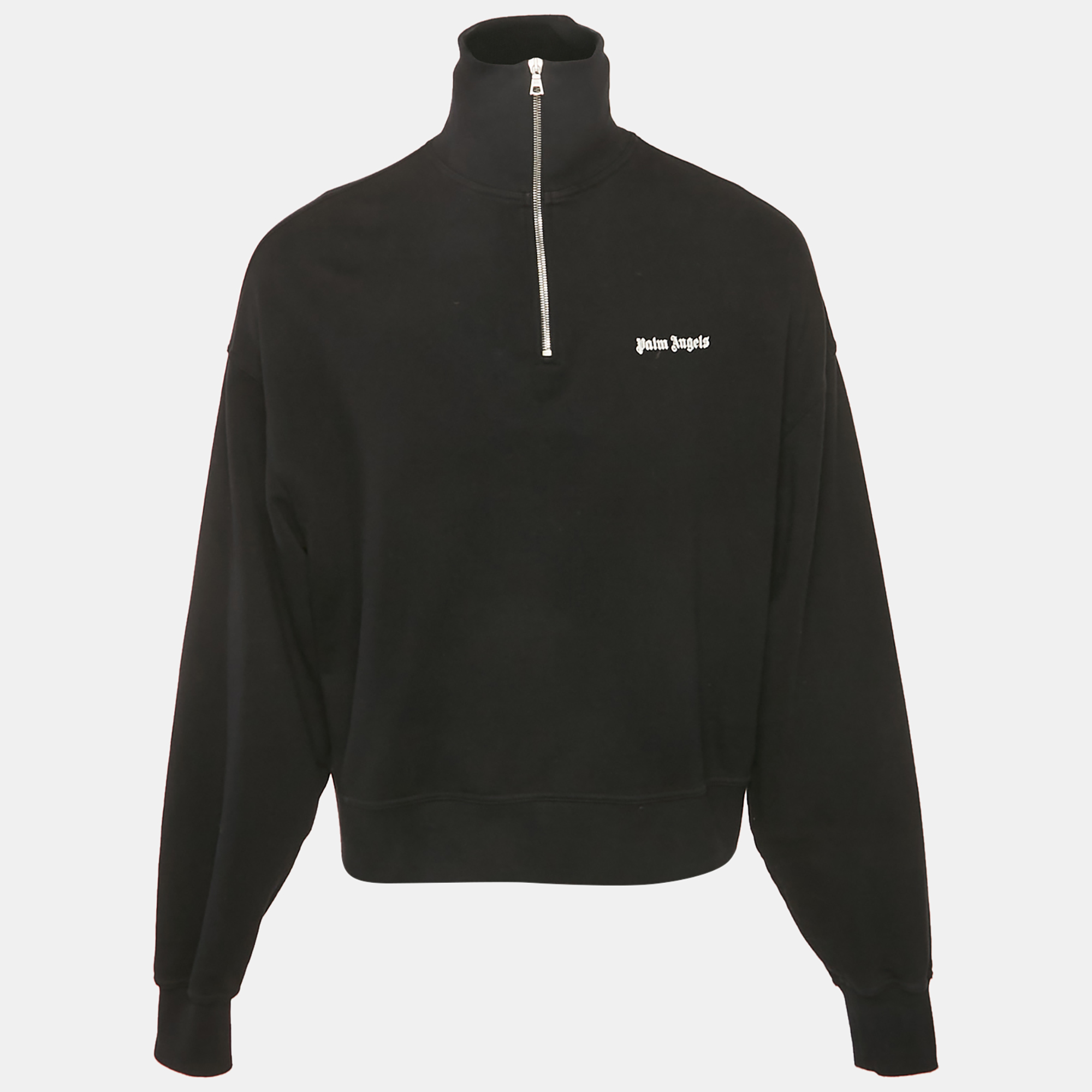Palm Angels Black Logo Embroidered Cotton Half Zip Sweatshirt XS
