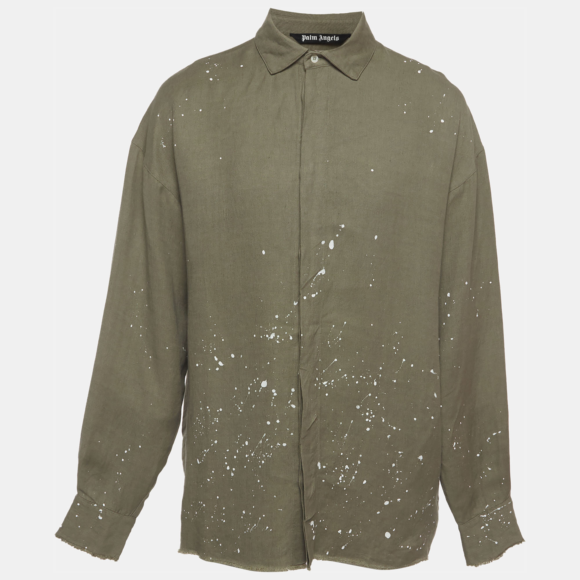 

Palm Angels Olive Green Logo Print Linen Paint Splatter Shirt L