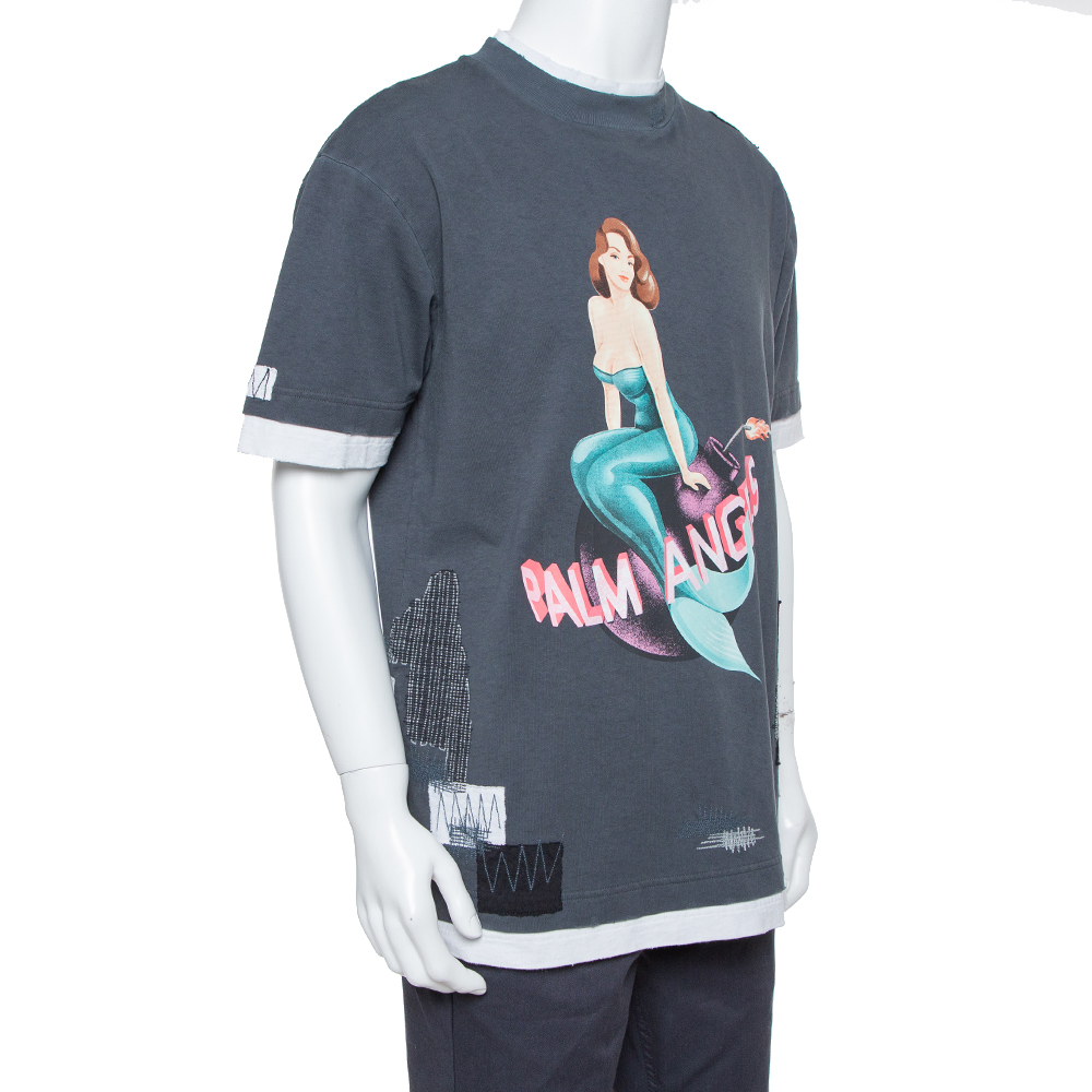 

Palm Angels Grey Cotton Mermaid Printed Double Neck Distressed T Shirt