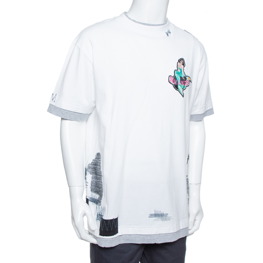 

Palm Angels White Mermaid Printed Cotton & Applique Detail Crewneck T-shirt