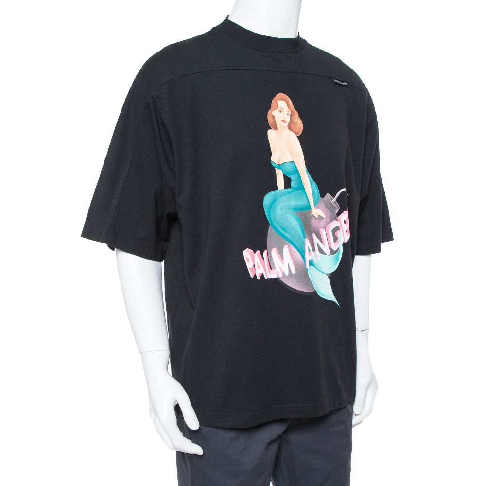 

Palm Angels Black Cotton Logo & Mermaid Printed Crewneck Paneled T-shirt