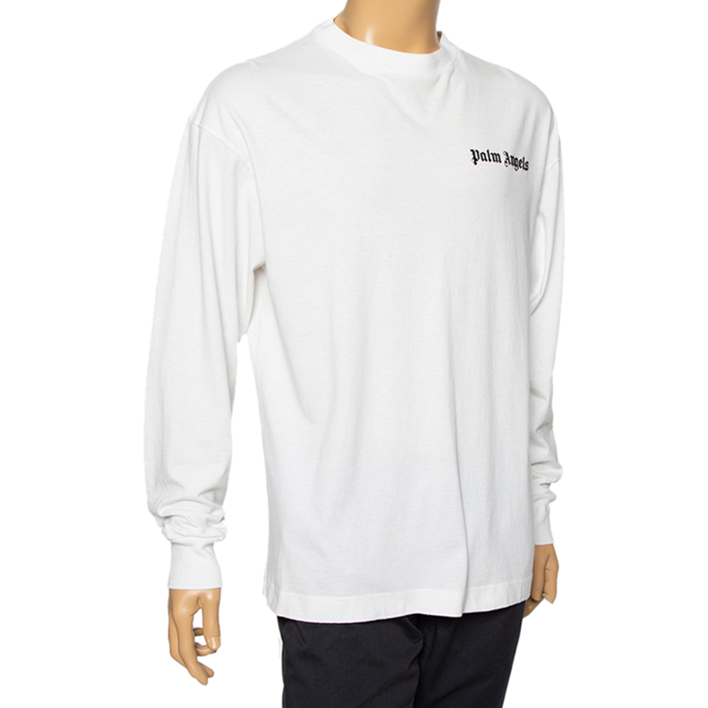 

Palm Angels White Cotton Logo Printed Detail Long Sleeve Crewneck T-Shirt